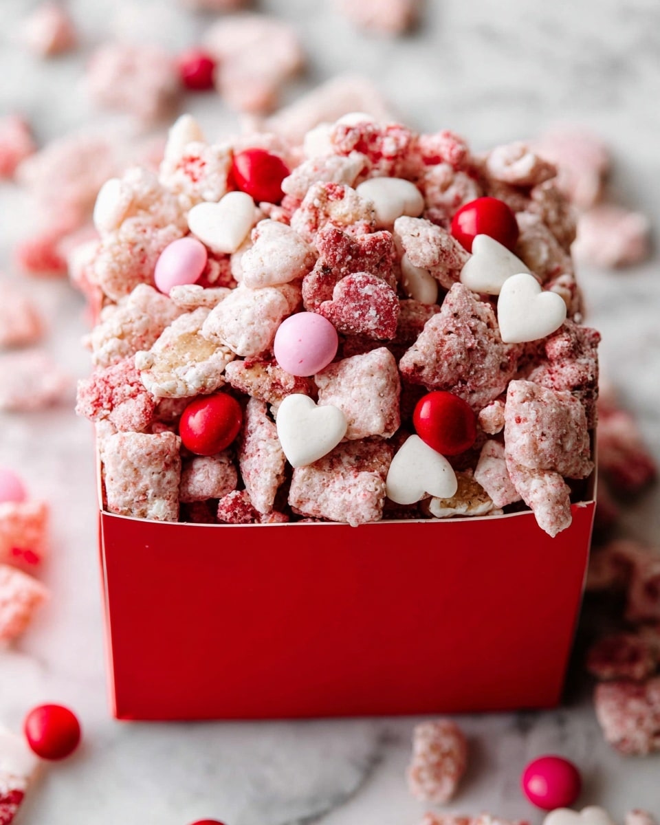 The image shows a close-up of a snack mix in a white square container filled to the top. The mix has several layers starting with light beige square cereal pieces as the base. On top of those are clusters of cereal coated in a pink powder, giving a rough texture. Scattered throughout the mix are small, shiny candy-coated chocolates in red, pink, and white colors, adding round shapes and bright spots of color. Some pieces of the snack mix spill slightly over the edges onto a white marbled textured surface. The colors are mainly soft beige, pink, and red, creating a festive look. photo taken with an iphone --ar 4:5 --v 7