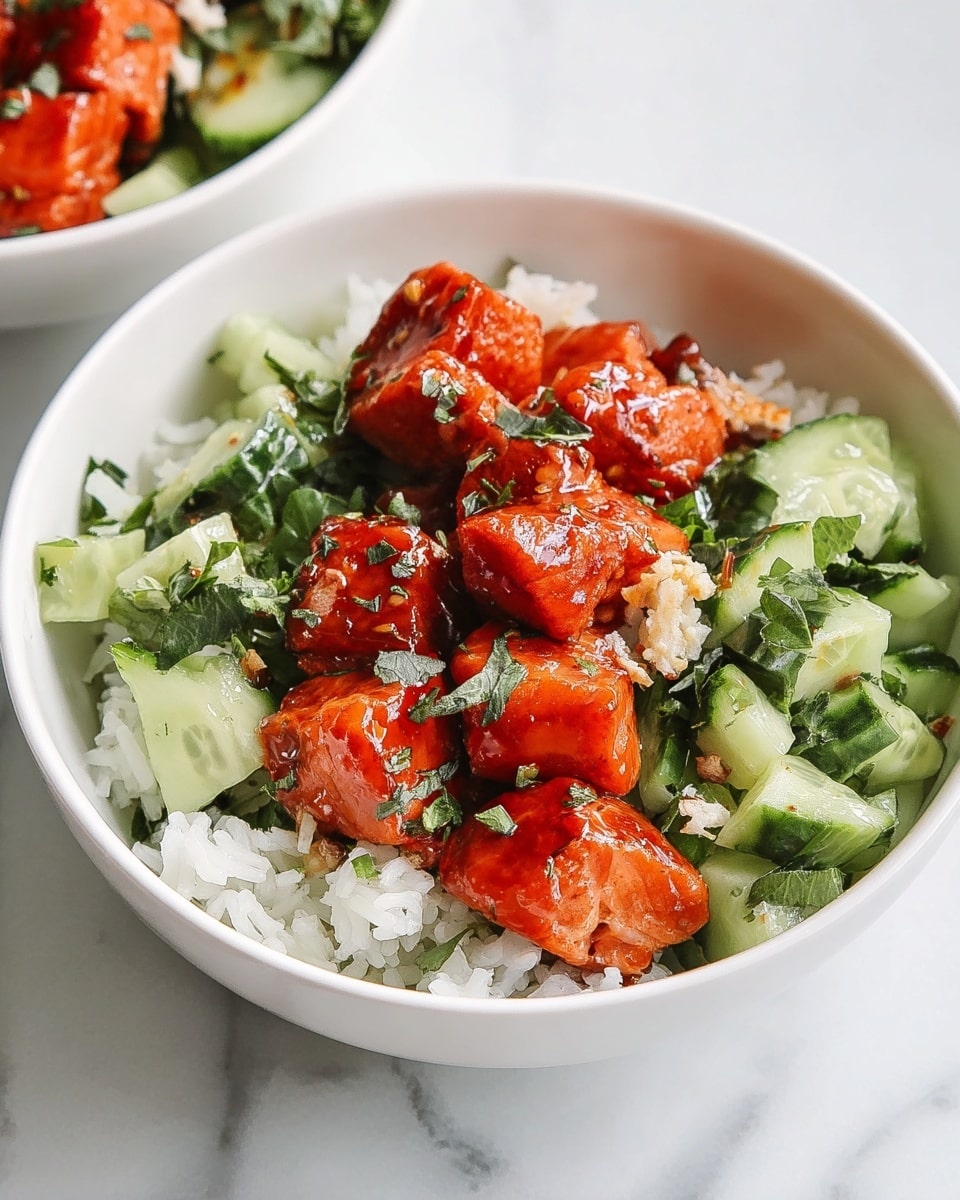 The image shows a white bowl filled with three main layers. The bottom layer is made of white rice that looks soft and fluffy. Above the rice are chopped green cucumber pieces mixed with small green herbs, adding fresh color and texture. The top layer has bright orange-red glazed salmon chunks, cooked with a shiny, slightly sticky surface. Some grains of rice and small bits of herbs are scattered on top of the salmon pieces. The bowl is set on a white marbled surface, and part of another similar bowl is visible in the background. Photo taken with an iphone --ar 4:5 --v 7