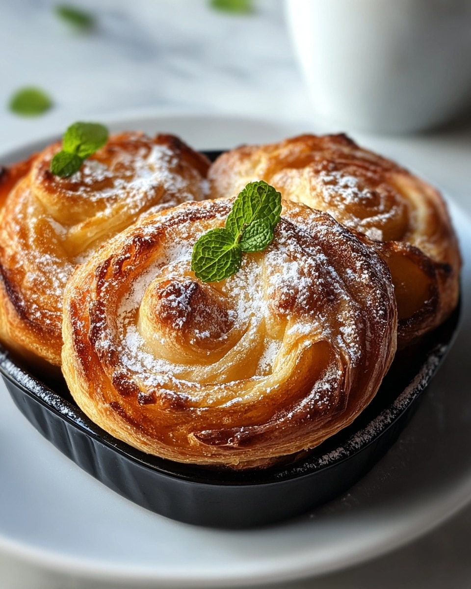 A close-up of a golden brown pastry with three main swirled layers, each showing flaky, buttery texture with crispy edges and soft, light inner parts. The top is dusted with powdered sugar, and two small green mint leaves sit near the center on the shiny surface. The pastry is placed inside a black dish on a white plate, both sitting on a white marbled surface. photo taken with an iphone --ar 4:5 --v 7