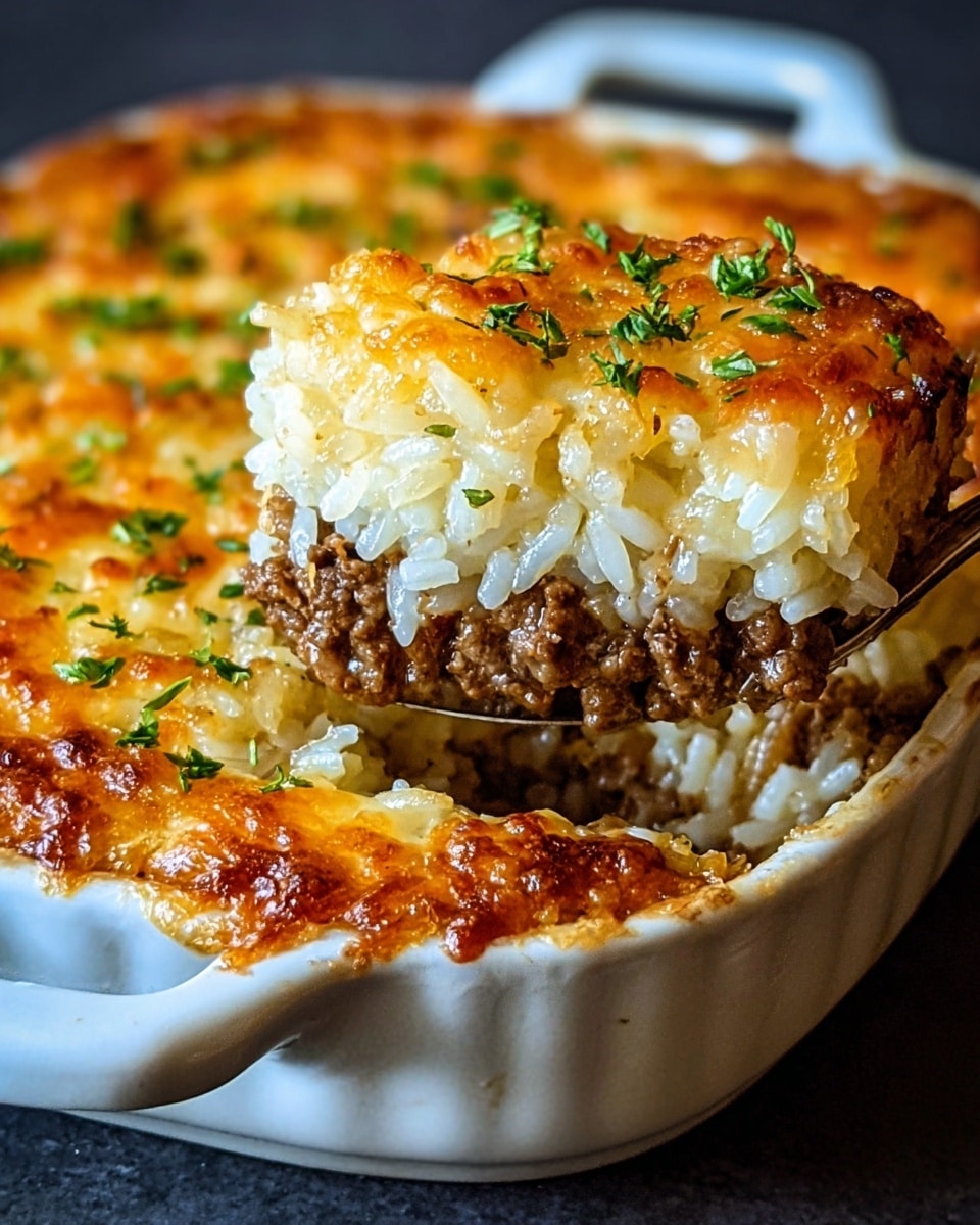 The dish is a baked casserole served in a white ceramic dish, showing three main layers: the bottom layer is cooked ground beef in a deep brown color with a chunky texture, the middle layer is soft white rice mixed with translucent cooked onions, and the top layer is a golden-brown melted cheese crust sprinkled with small green herb pieces. A spoon lifts a portion from the dish, emphasizing the separate layers and the gooey, slightly browned cheese on top. The dish is placed on a white marbled surface. photo taken with an iphone --ar 4:5 --v 7
