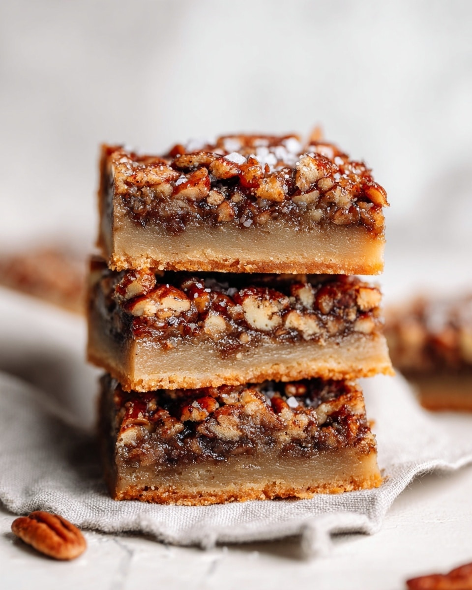 A stack of three square dessert bars is shown up close, each bar having two main layers: a golden-brown crumbly base and a thicker top layer filled with a mix of chopped nuts and sticky brown filling. The top layer has a rough texture with visible pieces of nuts, such as pecans and walnuts, mixed throughout, giving a rich, chunky look. The edges of the base layer have a slightly crisp finish, and the entire stack is placed on a soft, light gray cloth with a white marbled surface underneath. Small salt crystals are scattered on the top bar. Photo taken with an iphone --ar 4:5 --v 7