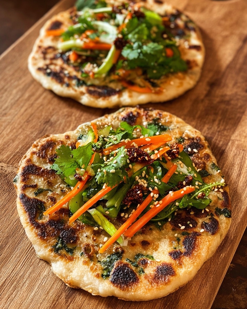 A close-up of a folded flatbread taco held by a woman's hand, filled with bright green cucumber strips, thin orange carrot sticks, fresh green cilantro, and sprinkled with white sesame seeds, all wrapped inside a golden-brown, toasted flatbread. The taco is being dipped into a small round ceramic bowl filled with dark red chili sauce that has floating sesame seeds and herbs. In the blurred background, there is another whole toasted flatbread topped with the same colorful vegetables. The setting includes a wooden surface, changed to a white marbled texture for the description. photo taken with an iphone --ar 4:5 --v 7