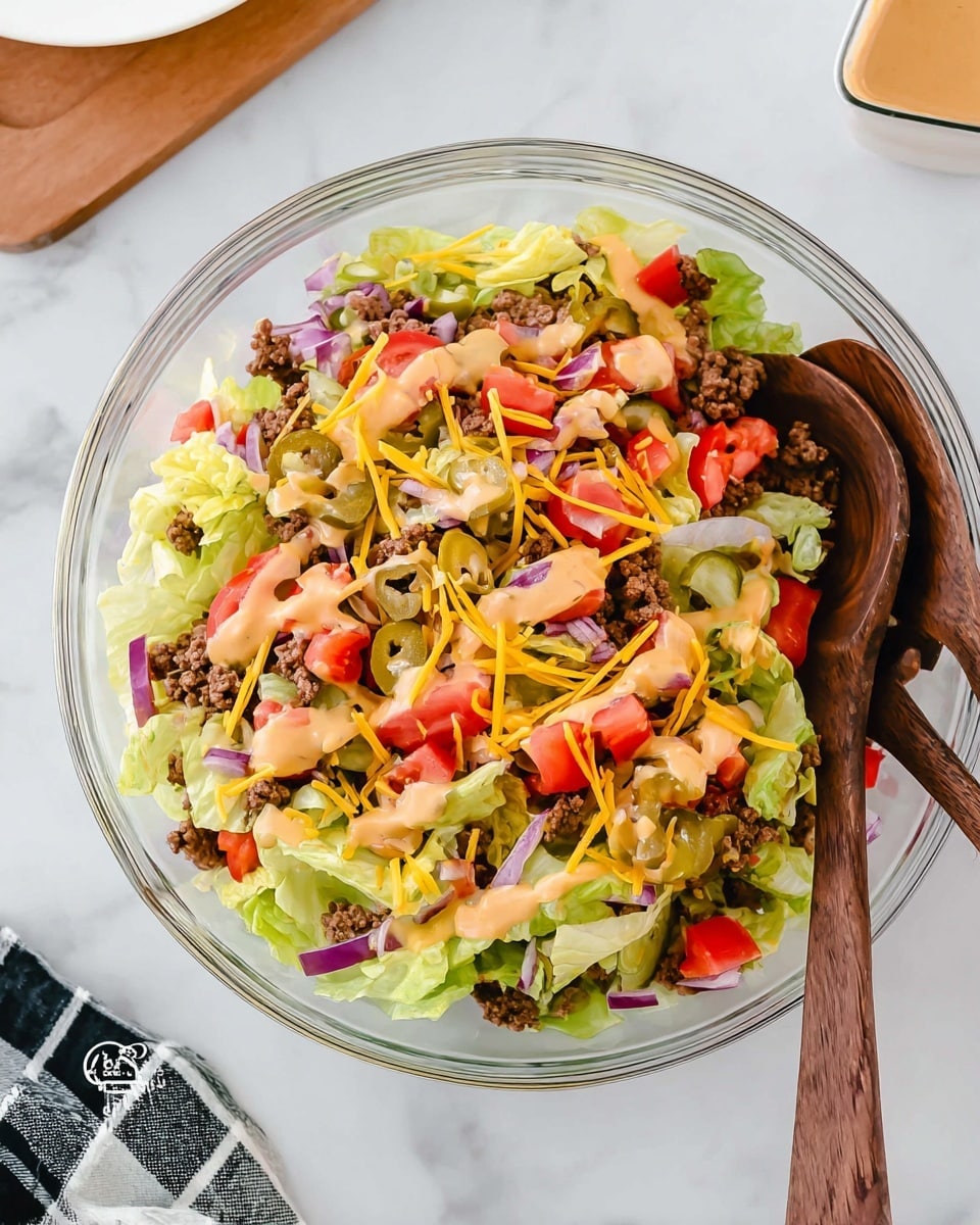 A clear glass bowl filled with a colorful layered salad sits on a white marbled surface. The bottom layer is light green chopped lettuce, followed by medium brown cooked ground beef scattered evenly. On top of that are chopped red tomatoes and small green pickle pieces mixed with thin slices of purple onion. A light orange creamy dressing is drizzled over everything, with shredded yellow cheddar cheese sprinkled throughout. Two dark wood salad spoons rest inside the bowl, one partially covered by the salad. Part of a white plate with a sauce cup and a black and white checkered cloth are visible near the bowl. photo taken with an iphone --ar 4:5 --v 7