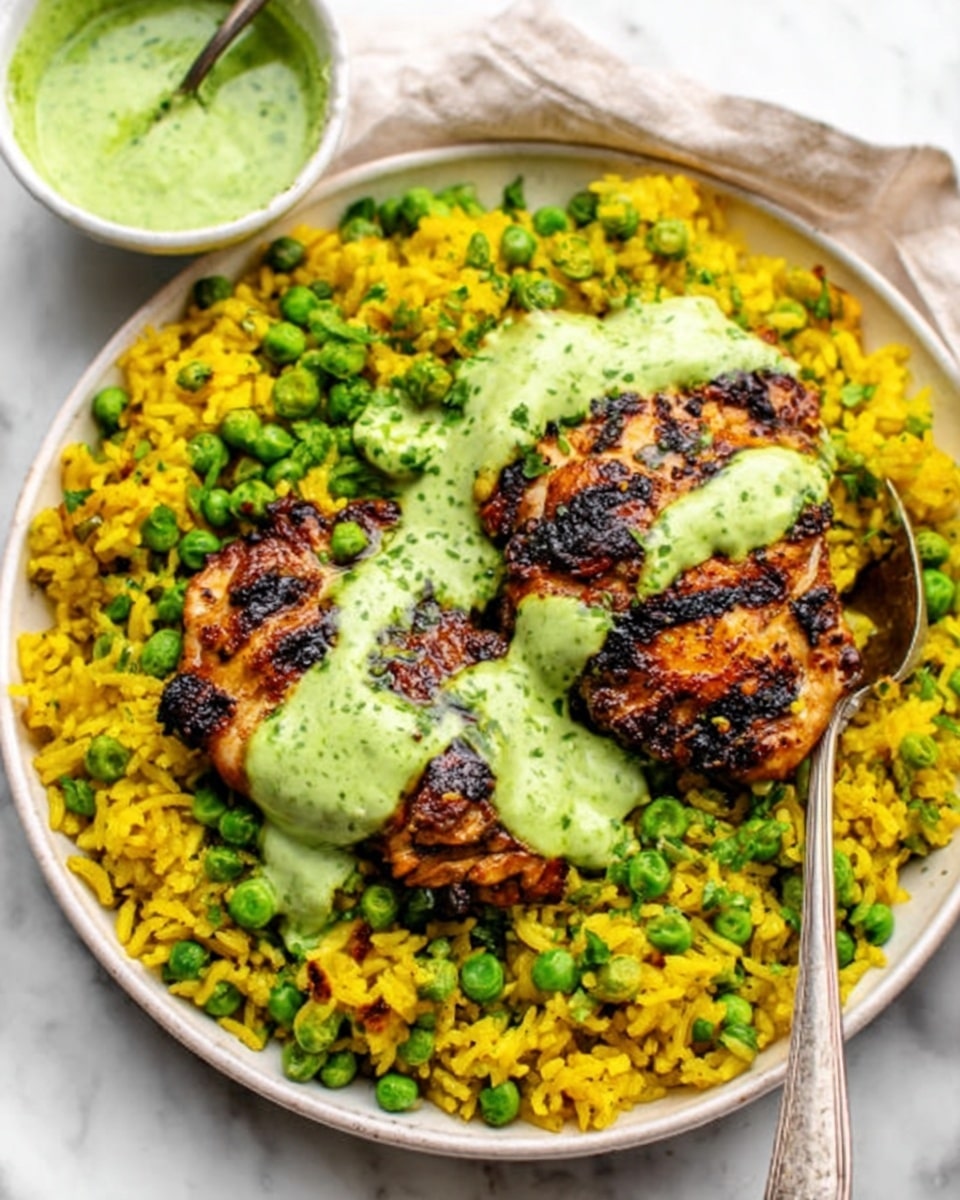 A white round plate on a white marbled surface holds a colorful dish with three golden-brown patties placed on top of a bright yellow rice mixed with green herbs. The patties have grill marks and are drizzled with a smooth, light green sauce, which also tops the rice unevenly, adding contrast. To the right side of the plate, there is a small white bowl filled with more of the light green sauce. A silver spoon rests at the edge of the plate, and a woman's hand is lightly touching the spoon's handle. photo taken with an iphone --ar 4:5 --v 7