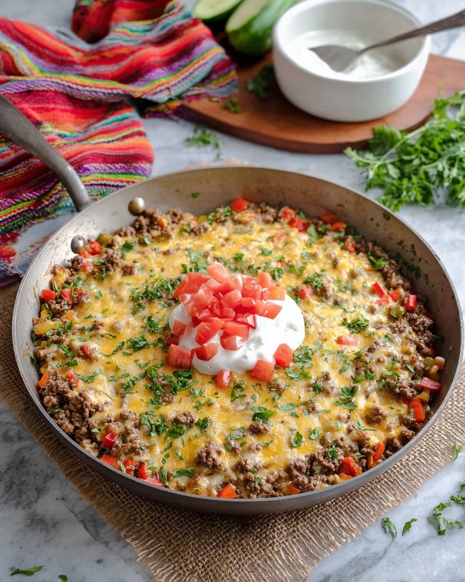 A white bowl filled with a layered dish starting with a base of cooked rice mixed with browned ground meat and melted cheese, topped with small red tomato pieces and a dollop of white sour cream in the center. On the right side of the bowl, there are two green avocado slices leaning against fresh green cilantro leaves. In the background, a large silver pan with more of the same dish is slightly blurred, resting on a white marbled surface beside a striped cloth in green, orange, red, and yellow tones. Two red cherry tomatoes and some cilantro leaves lie on the surface near the bowl. Photo taken with an iphone --ar 4:5 --v 7