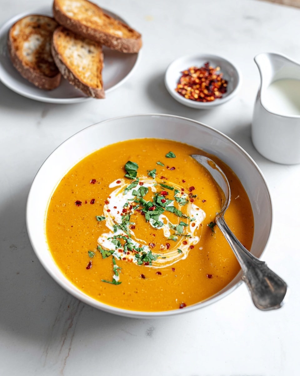 A white bowl filled with smooth, thick orange soup is placed on a white marbled surface. On top of the soup, there is a swirl of white cream, scattered green cilantro leaves, and small red chili flakes, adding color and texture contrast. Surrounding the bowl are small white cups with yellow, reddish-orange, and brown powdered spices, along with a small white jug of cream or milk to the right. To the bottom left, a white bowl holds fresh green cilantro leaves, while to the right, a white plate carries two pieces of toasted bread with a golden-brown crust. Photo taken with an iphone --ar 4:5 --v 7