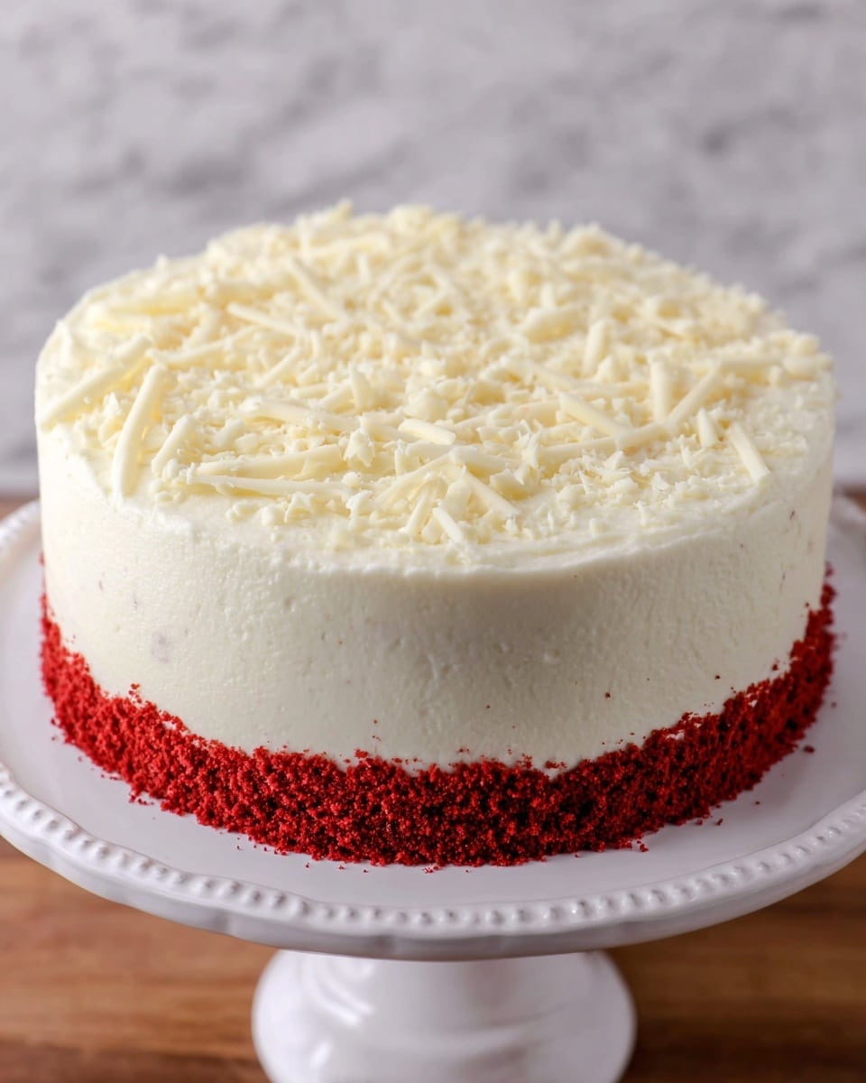 The image shows a slice of red velvet cake with three main layers placed on a white plate over a white marbled surface. The bottom layer is red and moist with a soft texture. Above it, there is a thick creamy white layer that looks smooth and light. The top layer is another red cake layer, followed by a thin white frosting layer, topped with a generous amount of white chocolate shavings that add texture and detail. In the background, more slices and the rest of the cake can be seen on a white cake stand. photo taken with an iphone --ar 4:5 --v 7