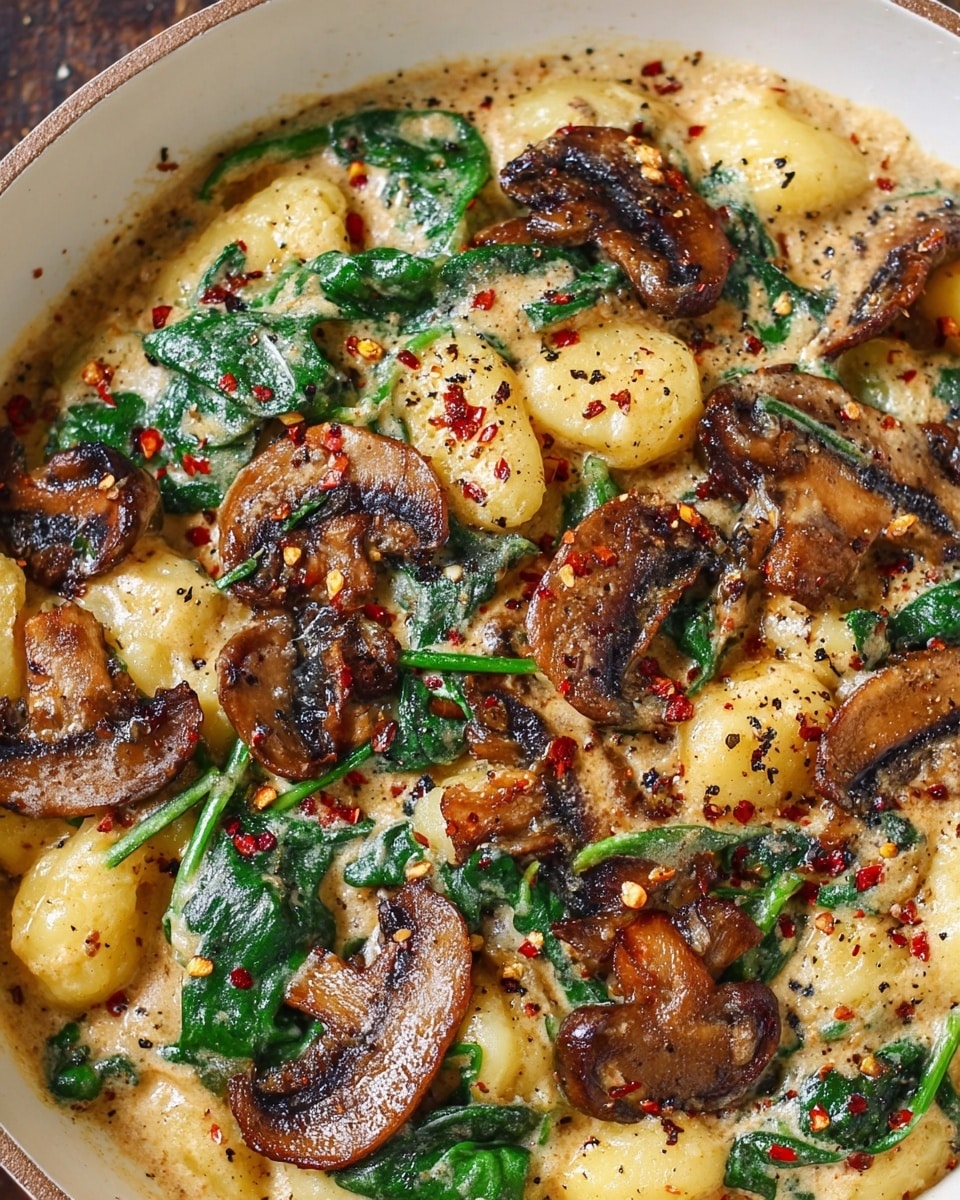 A close-up view of a creamy dish featuring soft, pillowy gnocchi in a rich light beige sauce. Scattered thick slices of golden brown mushrooms sit on top, mixed with bright green, wilted spinach leaves. The dish is sprinkled with coarse red pepper flakes and black pepper, adding a touch of redness and texture contrast. The ingredients are nestled together in a shallow pan, with the sauce slightly bubbling around the edges. The whole image is set against a white marbled texture. photo taken with an iphone --ar 4:5 --v 7