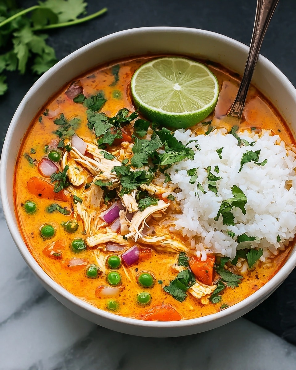 A black bowl filled with three main layers: at the bottom is a smooth orange creamy soup with scattered green herbs and chunks of red bell pepper, above it are pieces of cooked white chicken meat mixed with the soup, and on top is a neat mound of fluffy white rice sprinkled with some green herb leaves. A silver spoon is partially submerged in the soup on the right side of the bowl. The bowl sits on a wooden coaster placed on a white marbled surface, and a blue patterned cloth is partially visible under the bowl. In the background, blurred green herbs and a halved lime are seen. Photo taken with an iphone --ar 4:5 --v 7