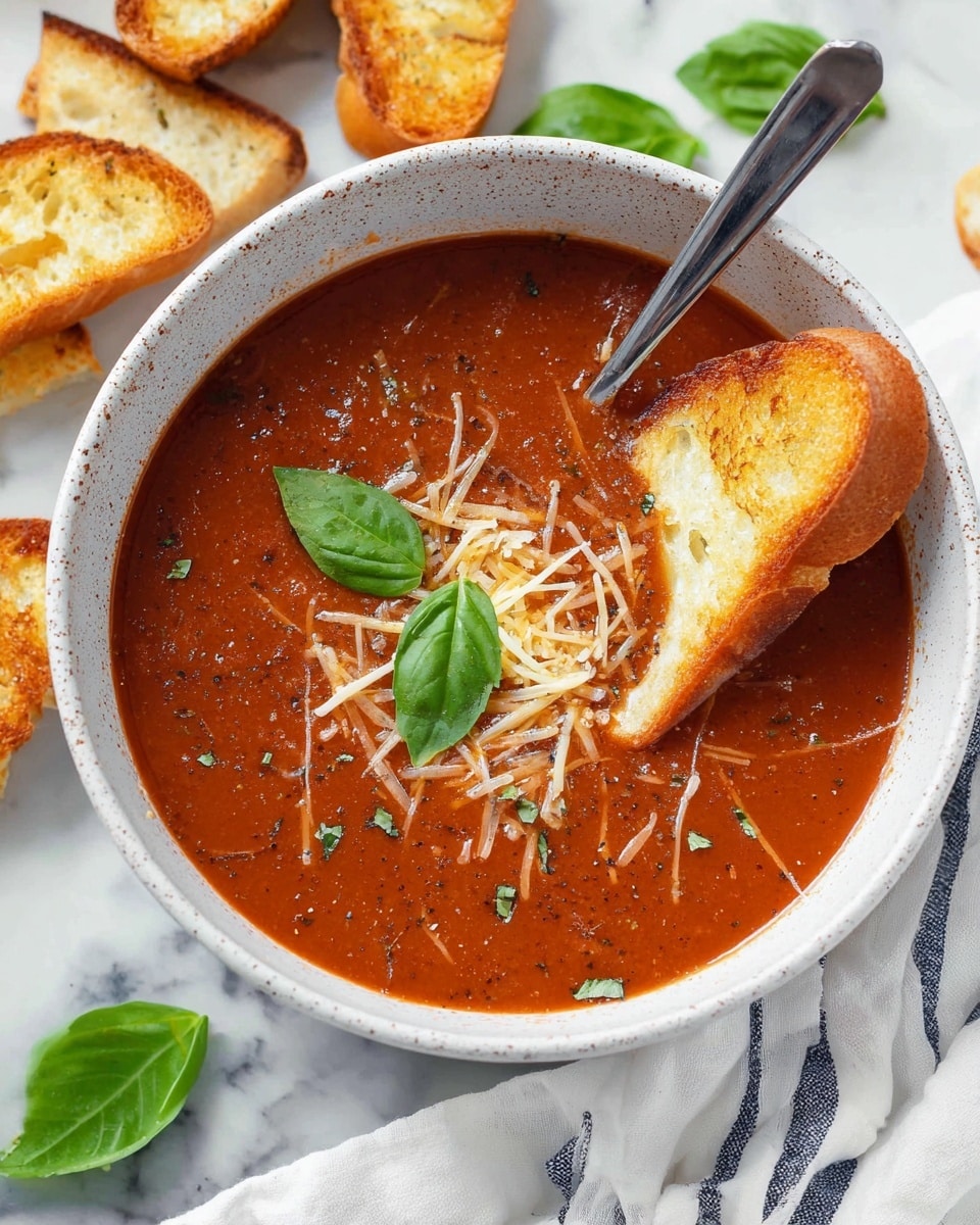 A white speckled bowl filled with thick, deep red tomato soup has several light golden toasted bread pieces partially dipped in it. The soup surface is sprinkled with thin, pale yellow shredded cheese, topped with two fresh green basil leaves in the center. A silver spoon rests inside the bowl on the left side. Around the bowl, there are more toasted bread slices and fresh basil leaves lying on a white marbled surface, with a white cloth with blue stripes partially visible on the right. Photo taken with an iphone --ar 4:5 --v 7