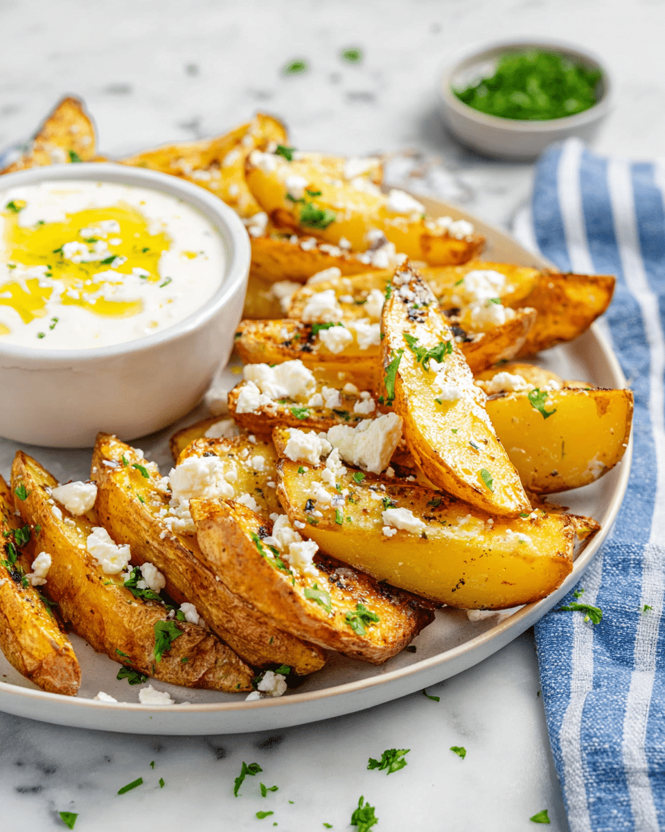 The image shows a baking tray lined with parchment paper, filled with golden-brown potato wedges arranged in neat rows, each wedge showing a crispy skin side and a soft pale yellow inside. A spoon above the potatoes is dripping an oily sauce mixed with herbs and small bits of garlic onto the wedges. The tray sits on a white marbled surface with a blue and white striped cloth partially visible underneath. photo taken with an iphone --ar 4:5 --v 7