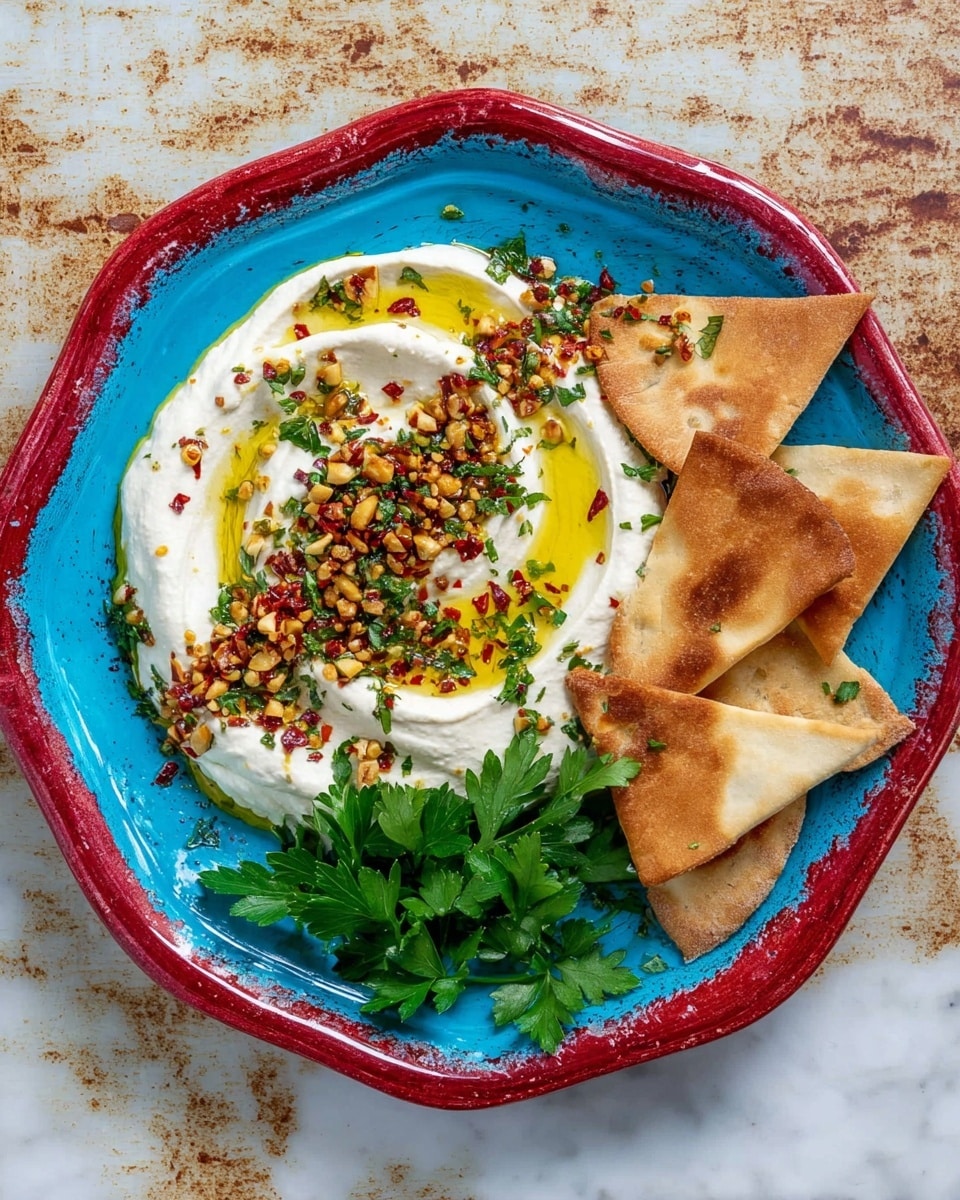 This image shows a close-up of a white bowl filled with creamy white yogurt, which forms the bottom layer with a smooth and thick texture. On top of the yogurt, there is a drizzle of golden yellow olive oil that pools slightly in the center. Over the olive oil, a thick layer of toasted nuts, including pine nuts and pistachios, creates a crunchy texture with various shades of brown and green. Fresh chopped green herbs are sprinkled generously over the nuts, adding a fresh and vibrant touch. The bowl rests on a white marbled surface. photo taken with an iphone --ar 4:5 --v 7