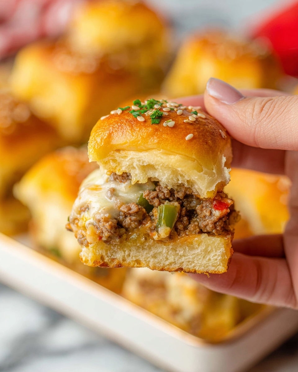 A close-up of a small sandwich held by a woman's hand, showing three main layers: the top layer is a golden brown fluffy bun sprinkled with sesame seeds and tiny green herbs, the middle layer consists of melted white cheese over ground meat mixed with light green pepper pieces and bits of red, and the bottom layer is a soft, thick bread base similar in color to the top bun. In the blurred background, a white tray holds more sliders, and the whole scene sits on a white marbled surface with some red and white colors softly visible. Photo taken with an iphone --ar 4:5 --v 7