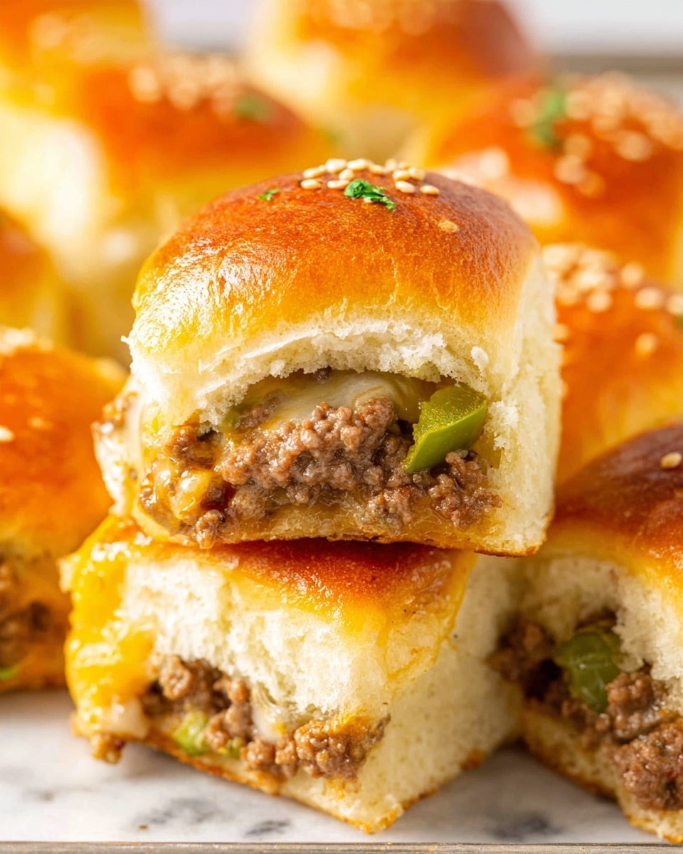 This image shows a close-up of several small sandwich sliders stacked on a white marbled surface. Each slider has three visible layers: the top layer is a shiny, golden-brown bread bun sprinkled with sesame seeds and small bits of green herbs; the middle layer contains cooked ground beef mixed with small pieces of green peppers and melted light yellow cheese; the bottom layer is a soft, fluffy bread bun that looks light and airy. The sliders are placed closely together with one slider on top of others, showing the layers and textures clearly. Photo taken with an iphone --ar 4:5 --v 7