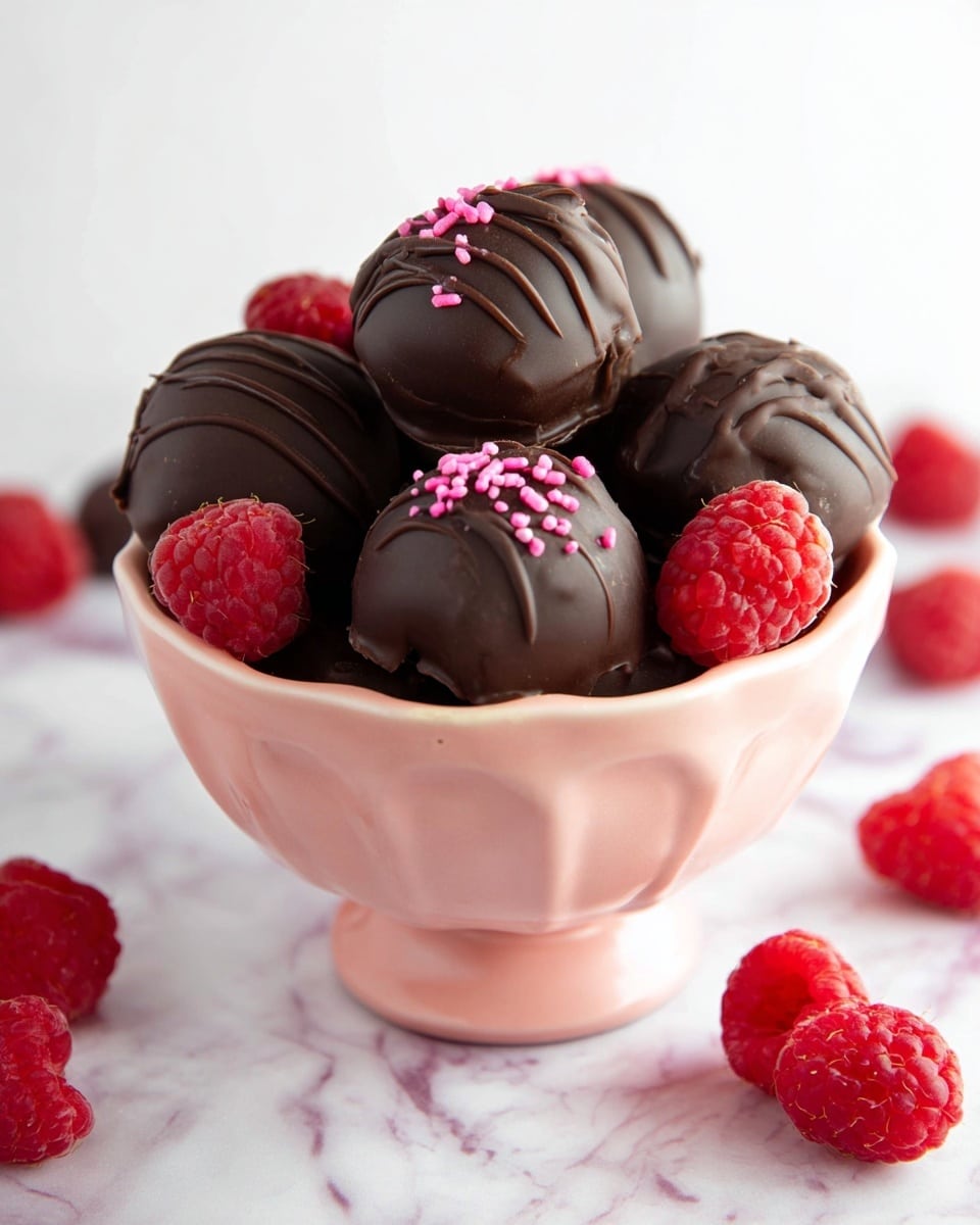 The image shows several dark chocolate-covered truffles resting on a white marbled surface, with one truffle cut open to reveal a light pink, creamy filling inside that has a soft, fluffy texture. The outer layer is smooth dark chocolate with decorative chocolate drizzles on top. Around the truffles, there are fresh red raspberries that add a pop of color and a juicy, textured contrast to the smooth chocolate. The photo is close up, focusing on the details of the truffle's layers and the raspberries. photo taken with an iphone --ar 4:5 --v 7