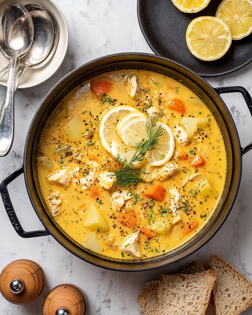 A bowl filled with creamy yellow soup that has a rich texture and visible pieces of orange carrots, light yellow potatoes, and white chunks of fish. The soup is garnished with fresh green dill and sprinkled black pepper on top. Two thin lemon slices rest near the edge of the bowl on the right side, adding a bright touch. A silver spoon with a black handle sits on the left edge of the white bowl. The bowl rests on a white marbled surface with some bread pieces nearby. Photo taken with an iphone --ar 4:5 --v 7