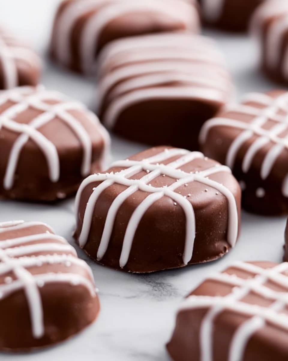 The image shows several small chocolate-covered treats placed on a white doily over a white marbled surface. Each piece is round with a smooth, dark brown chocolate outer layer, topped with thin, wavy white chocolate stripes running horizontally across the top. One treat is cut in half in the front, revealing three inner layers: a soft pink center, surrounded by a dark brown cake-like layer, and a thin layer of chocolate coating all around. The background has a soft pink color blurred out. photo taken with an iphone --ar 4:5 --v 7
