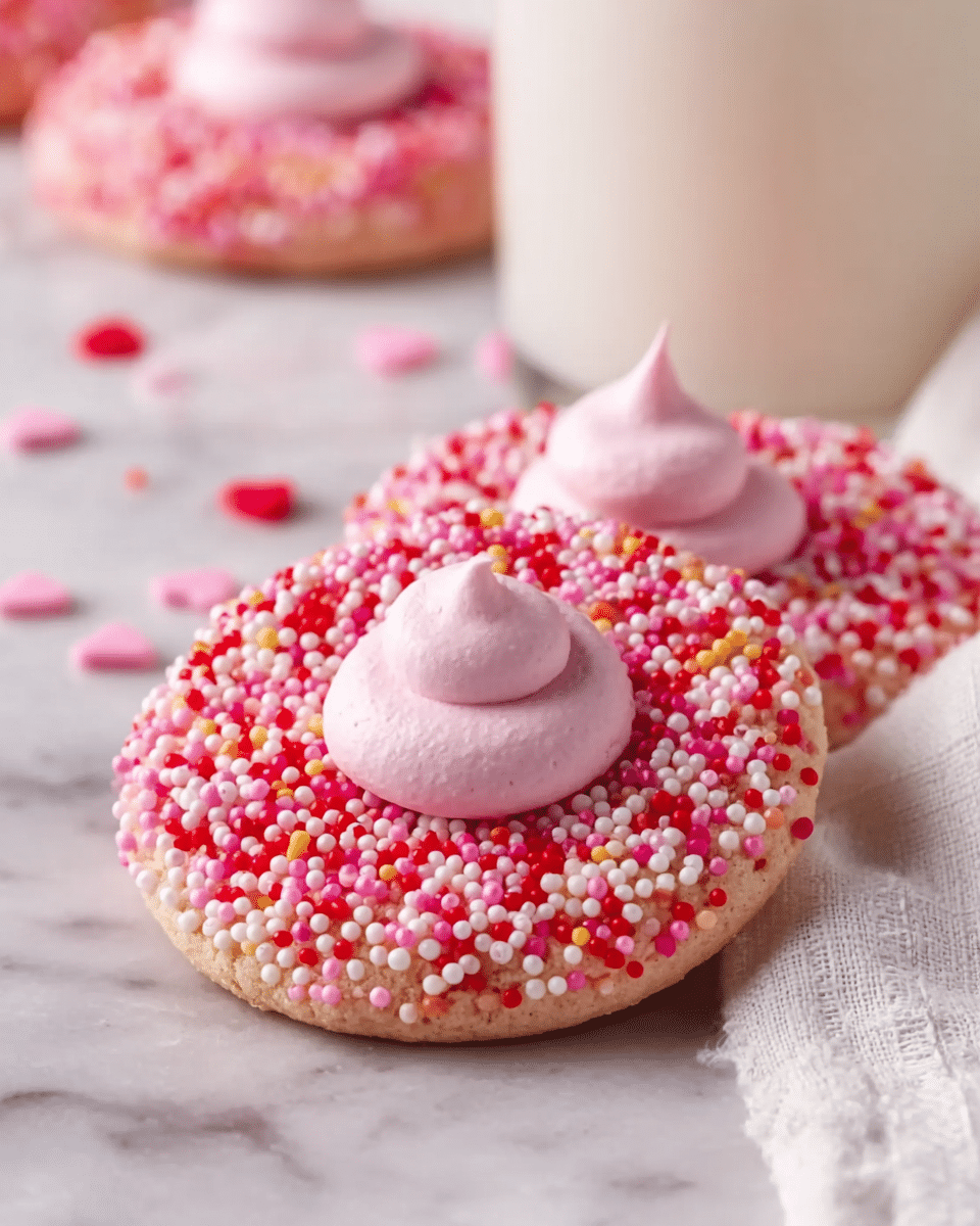 The image shows a close-up of three round cookies covered in small round sprinkles in red, pink, white, and a few yellow ones. Each cookie has a single dollop of pale pink frosting shaped like a soft peak in the center. The cookies are arranged diagonally on a white marbled surface, with a white cloth partially visible on the right side. The background is softly blurred, focusing on the front cookie, and a glass of milk is lightly out of focus behind them. photo taken with an iphone --ar 4:5 --v 7