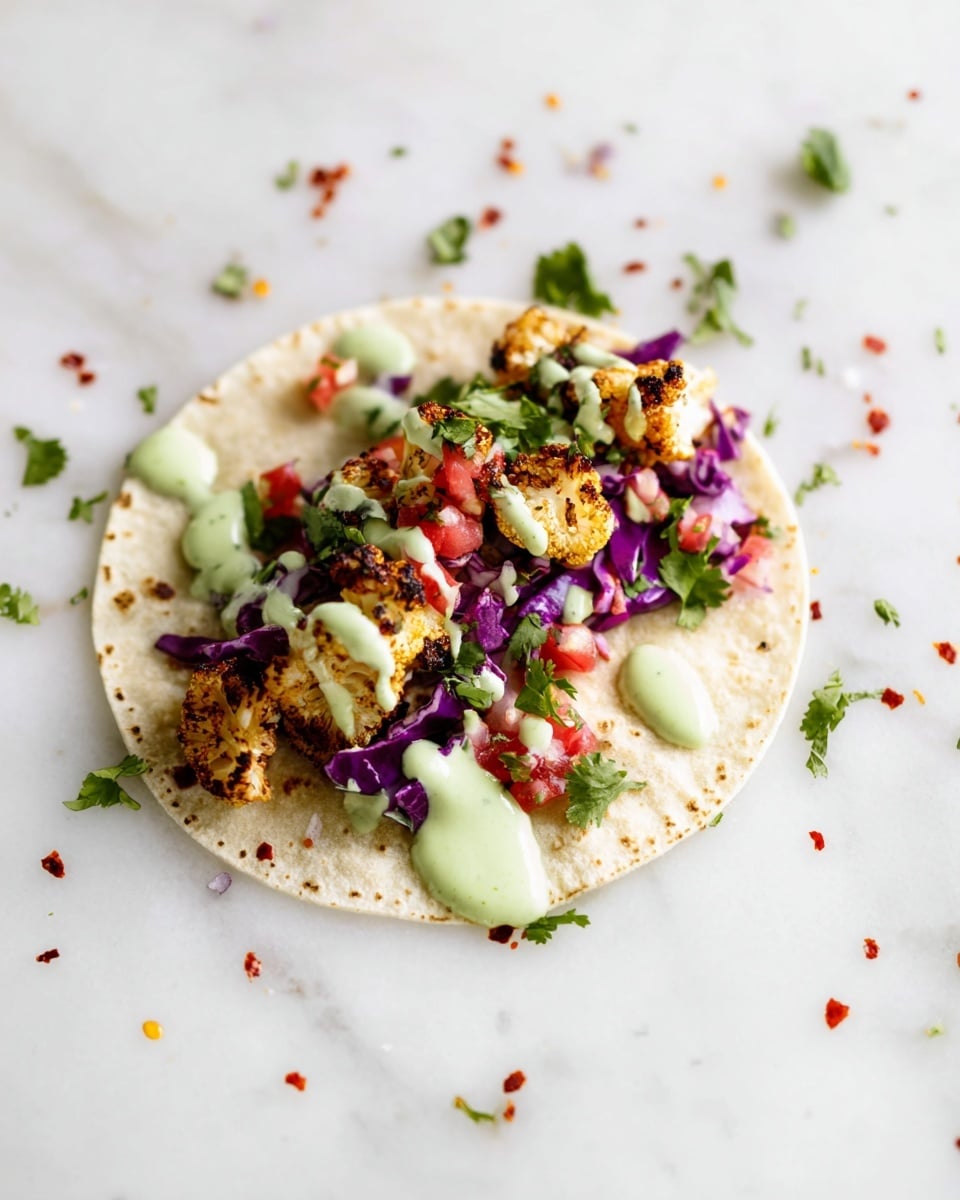 Three soft, off-white corn tortillas are open and filled with layers of roasted cauliflower pieces that are golden brown and slightly charred, topped with chopped fresh red tomatoes and onions mixed with bright purple shredded cabbage. Fresh green cilantro leaves are scattered on top along with a drizzle of pale green creamy sauce. Red chili flakes are sprinkled sparsely, adding a touch of red contrast. The tacos rest on a white marbled surface. photo taken with an iphone --ar 4:5 --v 7