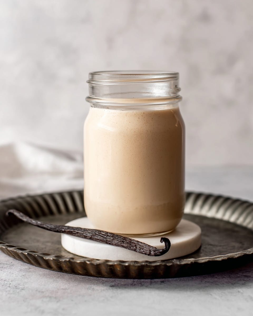 The image shows a clear glass jar filled with a smooth, light beige creamy liquid, placed on a small white marble coaster. The jar sits on a dark metal tray with a ridged edge, and a dark brown vanilla bean pod is placed in front of the jar on the tray. The background is a soft out-of-focus white marbled texture, giving a clean and simple look. photo taken with an iphone --ar 4:5 --v 7