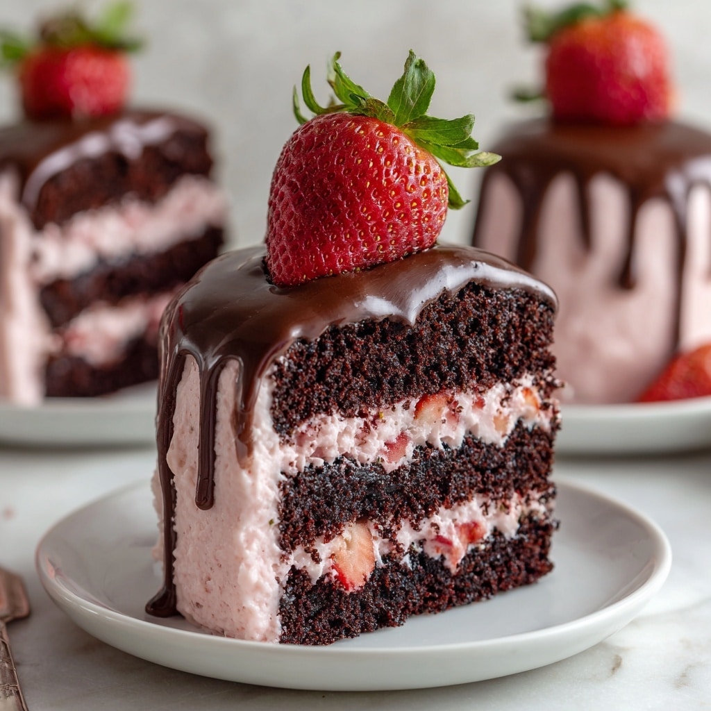 The image shows four small round cakes each with two layers: the bottom layer is smooth light pink frosting, and the top layer is a shiny dark chocolate glaze dripping down the sides. Each cake is topped with a large strawberry dipped halfway in dark chocolate, with the green leaves and stems visible. The cakes sit on white round bases placed on a dark wooden board and a white cake stand, all set on a white marbled surface with a softly blurred pink and white background. The chocolate glaze has a glossy texture, contrasting with the matte pink frosting. photo taken with an iphone --ar 4:5 --v 7