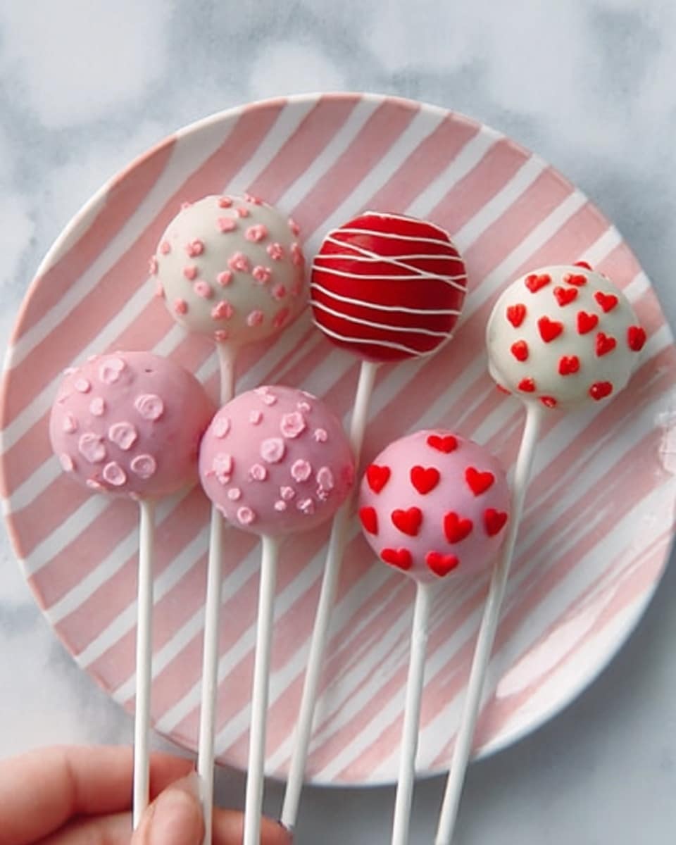Four large round cake pops are arranged in a row on a long white rectangular dish, placed on a white marbled surface. Each cake pop has a smooth, glossy coating and a white stick extending from the bottom. From top to bottom: the first cake pop is bright red with white zigzag drizzle and small red dots; the second is white with small, red heart-shaped sprinkles; the third is pink with scattered red heart sprinkles; the fourth is bright red with white lines and dots drizzled diagonally. Around the dish, there are scattered red and pink heart-shaped sprinkles, tiny white pearls, and red rose petals. A woman's hand is gently touching the second cake pop. Photo taken with an iphone --ar 4:5 --v 7