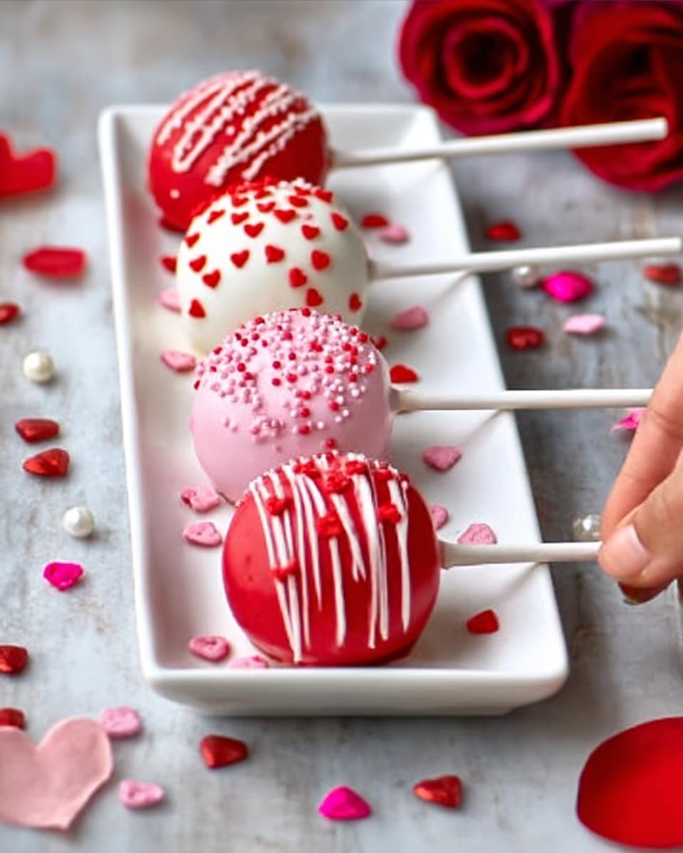 The image shows six colorful cake pops arranged on a white plate with pink diagonal stripes. Each cake pop has a smooth, glossy coating and is decorated differently. From left to right, the first cake pop is light pink with small white dots. The second is red with white lines and tiny white heart shapes. The third is white with small red heart-shaped decorations. The fourth is red with white lines and tiny white dots. The fifth is pink with small red hearts and dots scattered around. The sixth is bright pink with white dot patterns. All the cake pops have white sticks extending downward, and a woman's hand is gently holding one on the left side. The background is a white marbled texture. photo taken with an iphone --ar 4:5 --v 7