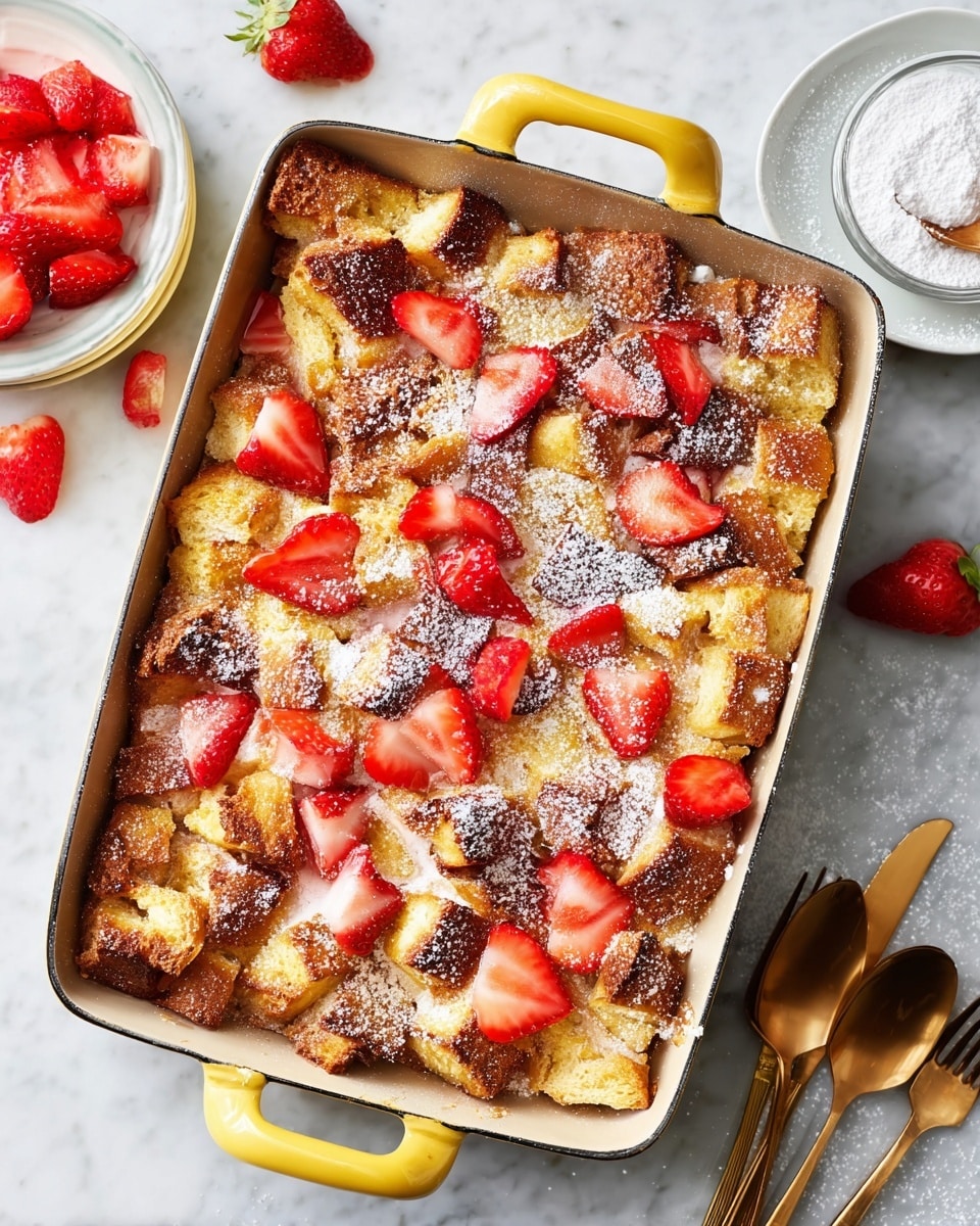 A rectangular baking dish with yellow handles filled with a bread pudding dessert sits on a white marbled surface. The dish shows a golden-brown top layer made of cubed toasted bread pieces with a slightly crispy texture. Scattered evenly across the surface are fresh, bright red sliced strawberries adding vibrant color contrast. The bread pudding is lightly dusted with white powdered sugar, giving a soft, snowy effect. Around the dish, more strawberry pieces are spread on the white marbled surface along with a glass bowl full of powdered sugar. Stack of white plates with bronze fork and knife rest on the right. Photo taken with an iphone --ar 4:5 --v 7