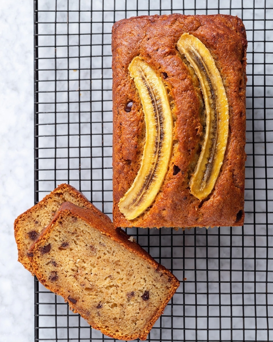 The image shows a loaf of banana bread with a golden brown crust and slices of ripe banana laid on top in curved shapes, creating a textured pattern. There are two slices cut from the loaf and placed slightly overlapping on a black wire cooling rack above the main loaf. The inside of the bread is light brown and moist-looking, dotted with small dark chocolate chips distributed evenly throughout the crumb. The edges of the banana slices on top are slightly caramelized, adding a deeper yellow color. The background is a white marbled surface. photo taken with an iphone --ar 4:5 --v 7