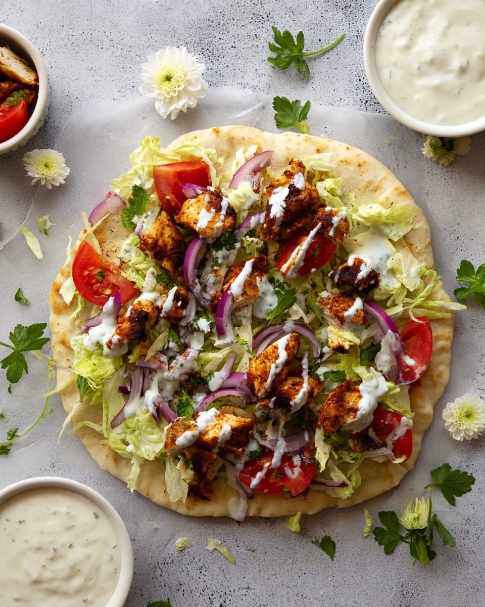 A flat round piece of soft, lightly browned flatbread forms the base, topped with several small chunks of cooked chicken that are golden-brown with a slightly crispy texture. Beneath and around the chicken are thin slices of bright red tomato and thin rings of purple onion, scattered unevenly. Over the chicken and vegetables, there is a layer of shredded light green lettuce with a few green parsley leaves placed on top and around. White creamy sauce is drizzled generously over everything, adding a smooth contrast to the varied textures. Around the flatbread, delicate white flower petals and fresh parsley leaves are placed on a white marbled texture, with two small white bowls of creamy sauces nearby, each garnished with a small white flower. Photo taken with an iphone --ar 4:5 --v 7