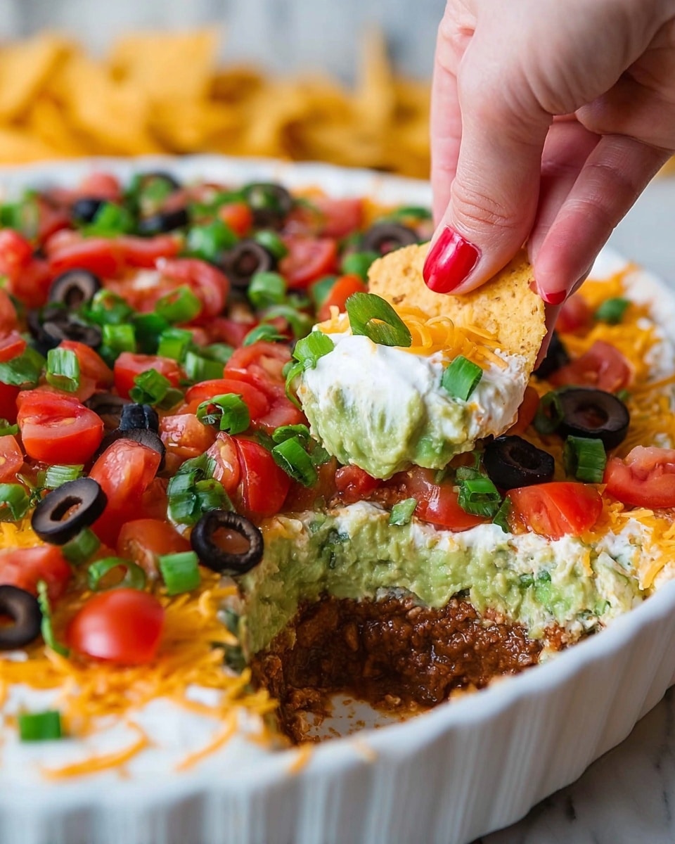 A white dish filled with a layered dip showing five visible layers: the bottom layer is a dark brown refried beans, topped by a green guacamole layer, followed by a thick layer of white sour cream. On top of the sour cream is a sprinkling of orange shredded cheddar cheese, followed by a generous spread of diced red tomatoes, sliced black olives, and chopped green onions. A woman's hand with red nail polish is holding a yellow tortilla chip scooping some dip, showing all the layers and toppings clearly. The background is a white marbled texture. photo taken with an iphone --ar 4:5 --v 7