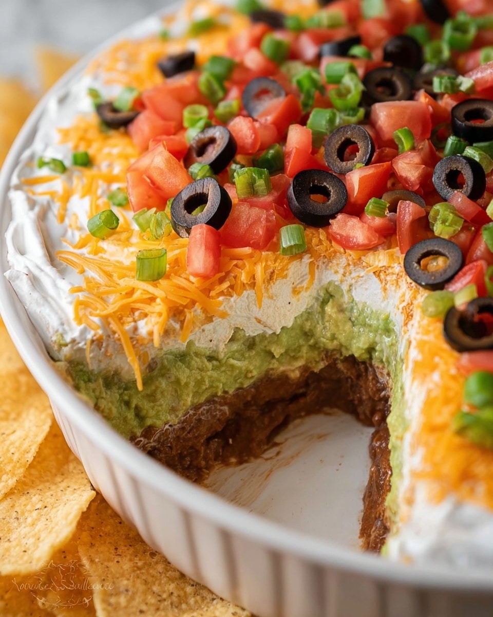 The image shows a layered dip in a white round dish, with a white marbled surface background. The dip has four visible layers: the bottom layer is a dark brown refried bean layer with a smooth texture, above it is a green guacamole layer with a slightly chunky texture, the third layer is a thicker white sour cream spread, and the top layer is covered with shredded orange cheddar cheese, diced red tomatoes, sliced black olives, and chopped green onions scattered evenly. The dip has a missing section where some has been scooped out, showing the layers clearly. Yellow tortilla chips are sitting near the dish. Photo taken with an iphone --ar 4:5 --v 7