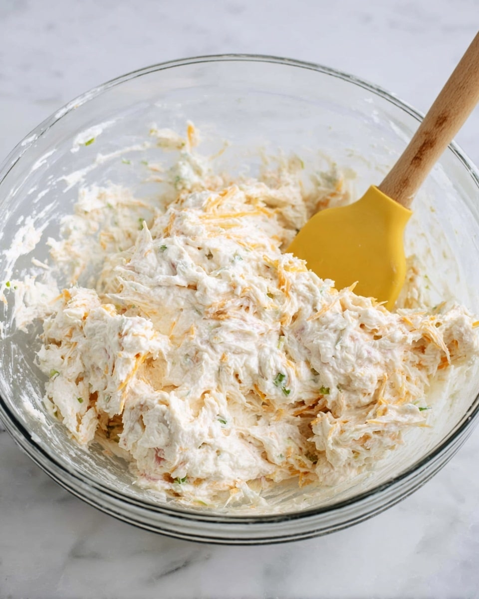 A white ramekin filled with a creamy, textured dip made from shredded white chicken mixed with a smooth white dressing, garnished with small green bits of chopped herbs on top. One round cracker is placed on the side, partly dipped into the dip, while several more crackers surround the ramekin on a white marbled surface. In the background, there is a small white bowl filled with green chopped herbs blurred out. The scene is bright and clean. photo taken with an iphone --ar 4:5 --v 7