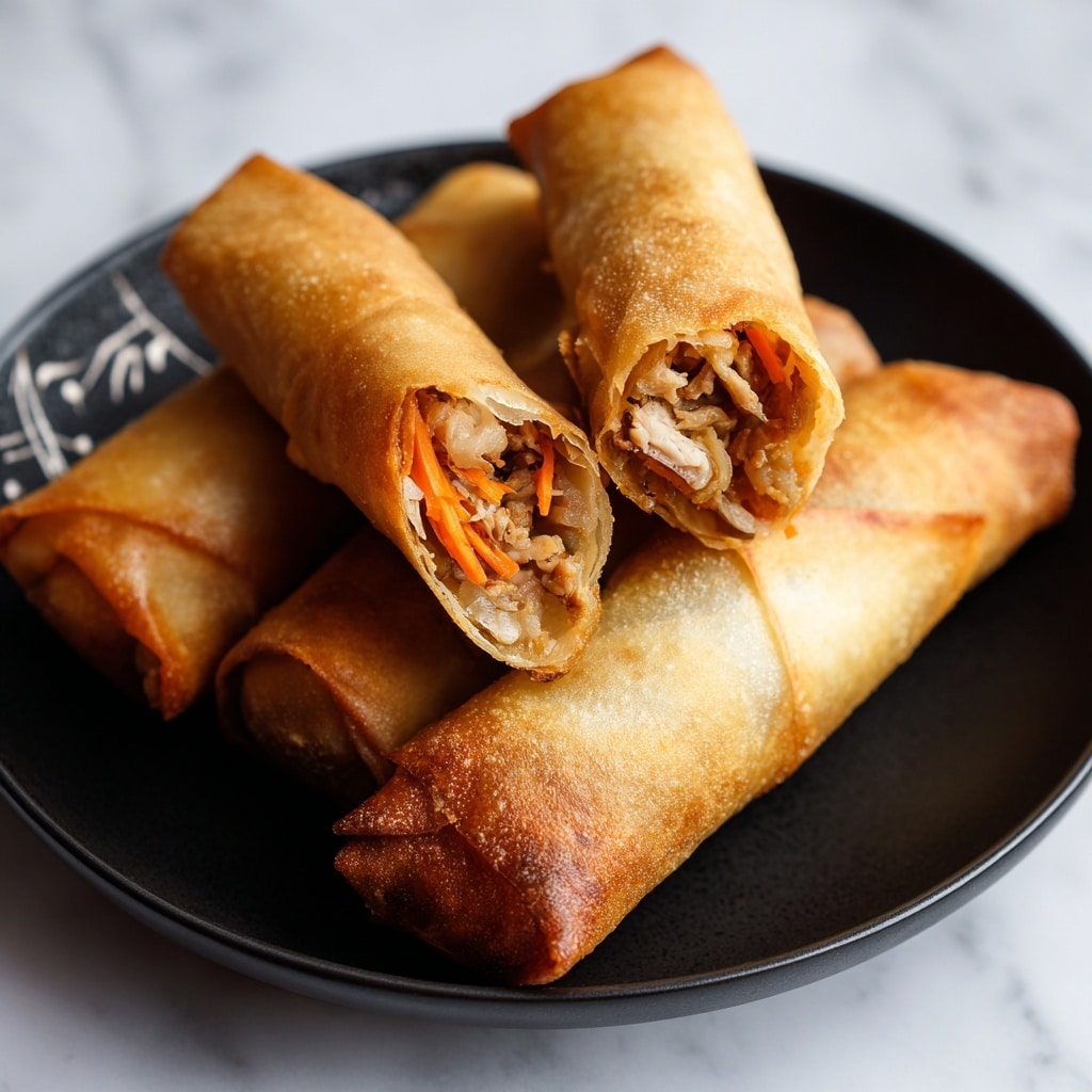 The image shows three golden brown spring rolls on a black plate with white writing. Two spring rolls are whole and placed side by side, while one is cut in half and stacked on top, showing the inside filled with small pieces of light beige meat and thin orange carrot strips. The rolls have a crisp, slightly shiny texture. The plate is set on a white marbled surface. Photo taken with an iphone --ar 4:5 --v 7