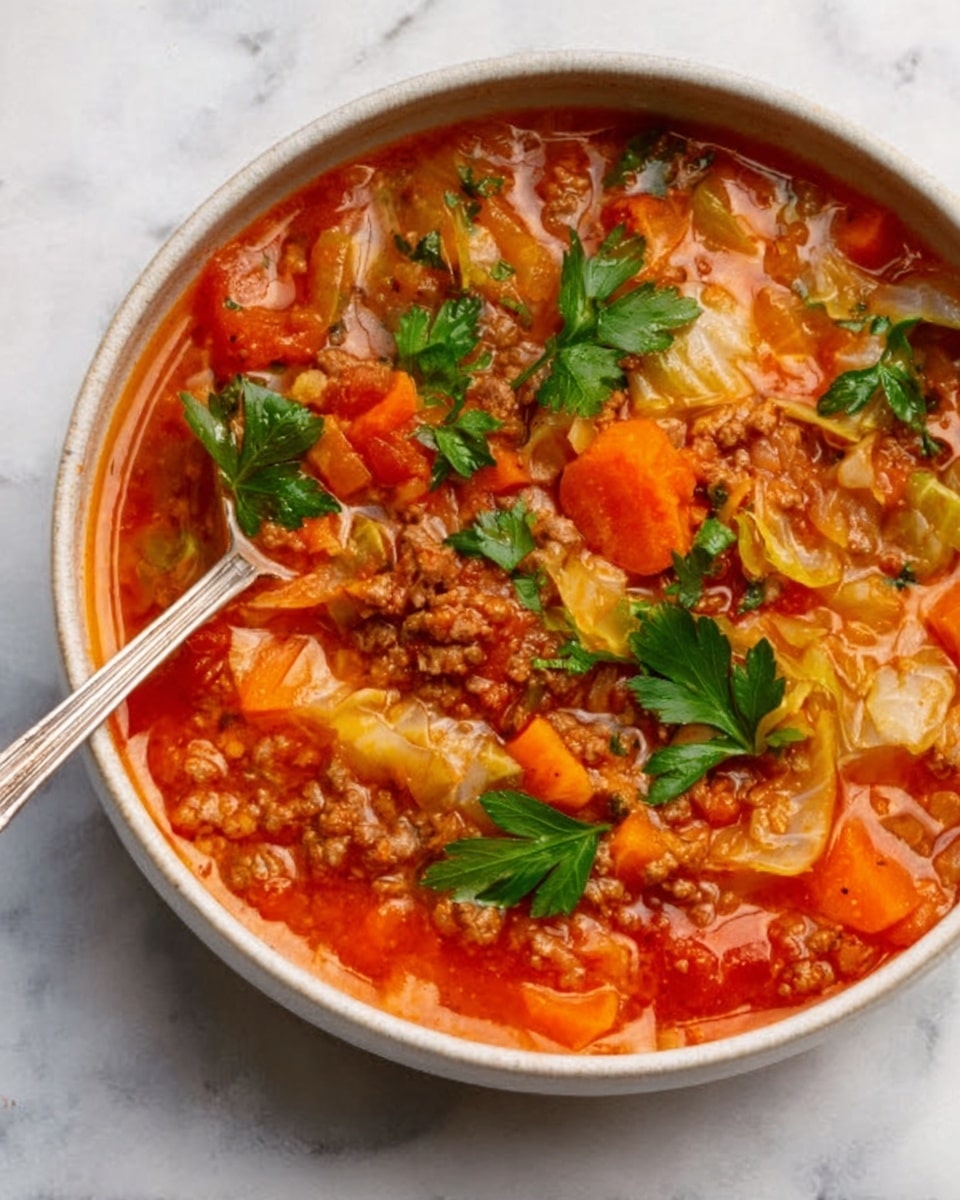 The image shows a close-up of a bowl filled with a thick, hearty soup that has visible layers of ingredients. The base layer is a rich red-orange broth with small chunks of cooked ground meat spread evenly. On top of the broth, there are pieces of soft, light orange carrots and pale, tender cabbage strips. Bright green parsley leaves are scattered across the surface, adding a fresh touch. A silver spoon rests inside the bowl, partially submerged in the soup. The bowl is white, placed on a white marbled surface. Photo taken with an iphone --ar 4:5 --v 7