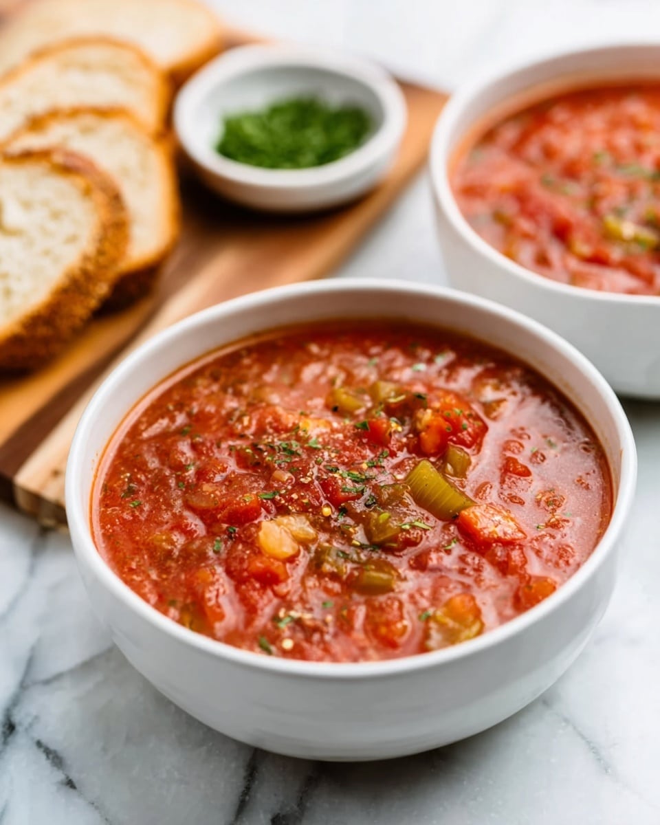 A white bowl filled with chunky tomato soup sits on a white marbled surface. The soup has visible pieces of diced vegetables like tomatoes and possibly celery, with small bits of herbs sprinkled on top. Next to the bowl, there is a wooden board holding slices of light brown bread. In the background, a small white bowl filled with green herbs adds a fresh touch. The entire scene is softly lit. Photo taken with an iphone --ar 4:5 --v 7