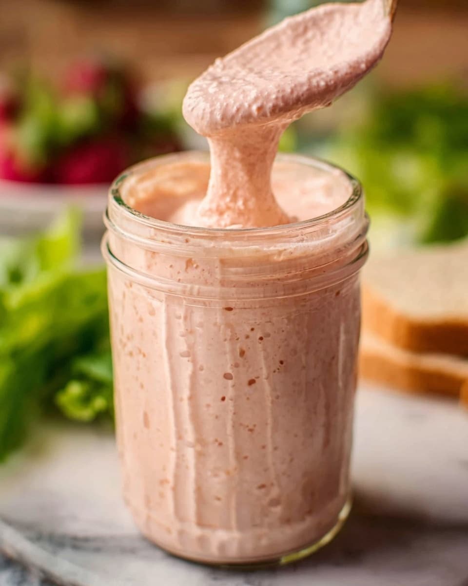 The image shows a clear glass jar filled with a thick, creamy pink sauce that has a textured look. The sauce is being lifted out of the jar with a woman’s hand holding a spoon, and the sauce drips back into the jar. The top layer of the sauce is smooth with some small bubbles, giving it a light and fluffy feel. In the blurred background, there are hints of green leafy vegetables and bread on a white marbled surface. The jar is centered, and the lighting highlights the sauce’s subtle pink color and creamy texture. photo taken with an iphone --ar 4:5 --v 7
