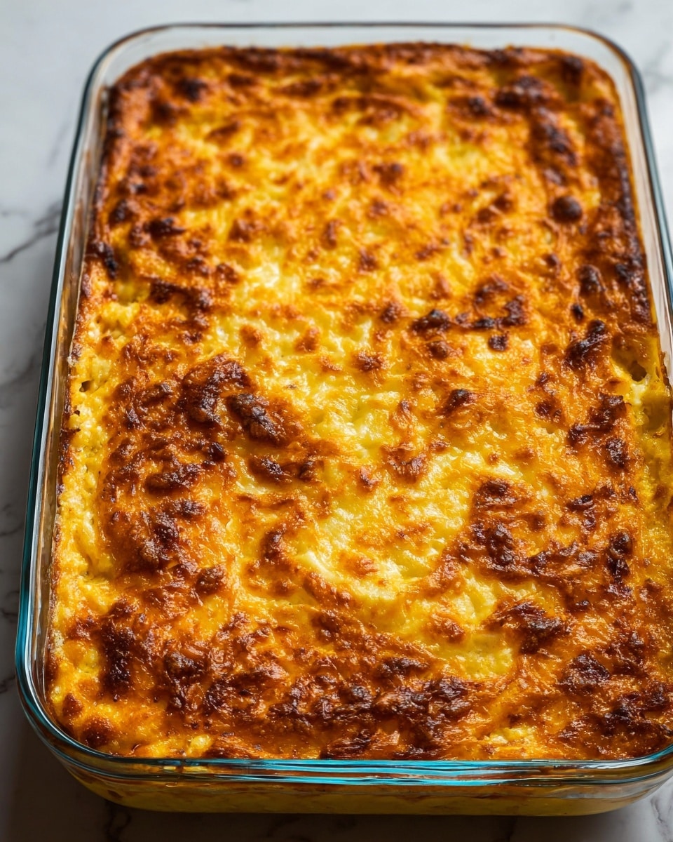 The image shows a close-up of a golden brown baked dish, cut into a square piece with a crispy, caramelized top layer that has a slightly bubbly texture. Below the top layer, there is a soft, light yellow, moist layer that looks creamy and smooth. The piece is placed on a white plate, and a silver spoon rests next to it on the plate. The background is a white marbled surface. photo taken with an iphone --ar 4:5 --v 7