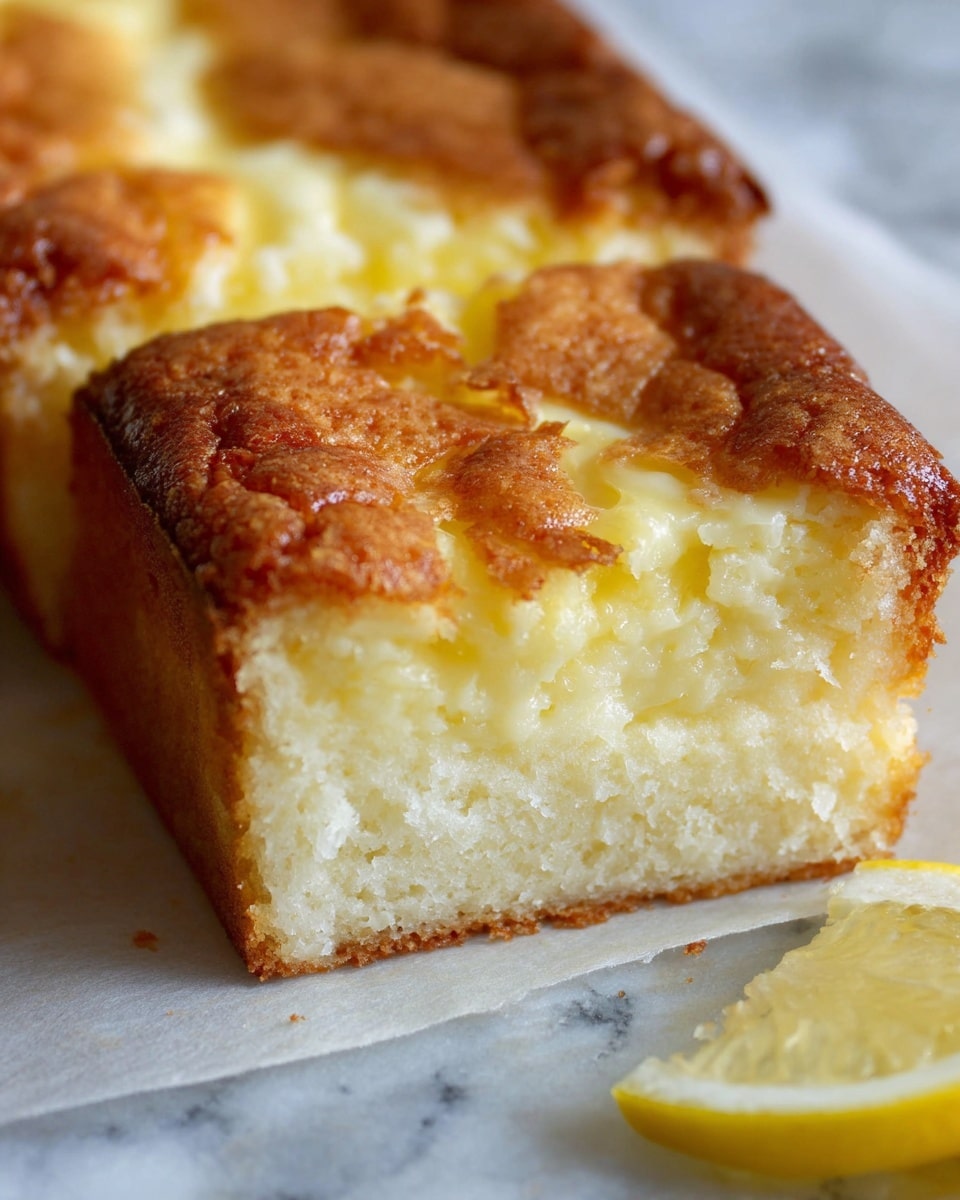A close-up of three stacked slices of moist pound cake with a golden brown crust, showing a soft, pale yellow interior with a slightly dense texture. The top slice reveals a light, creamy section in the middle, and the rough crust edges highlight the cake's baked texture. The slices rest on crinkled white parchment paper, placed on a white marbled background. photo taken with an iphone --ar 4:5 --v 7