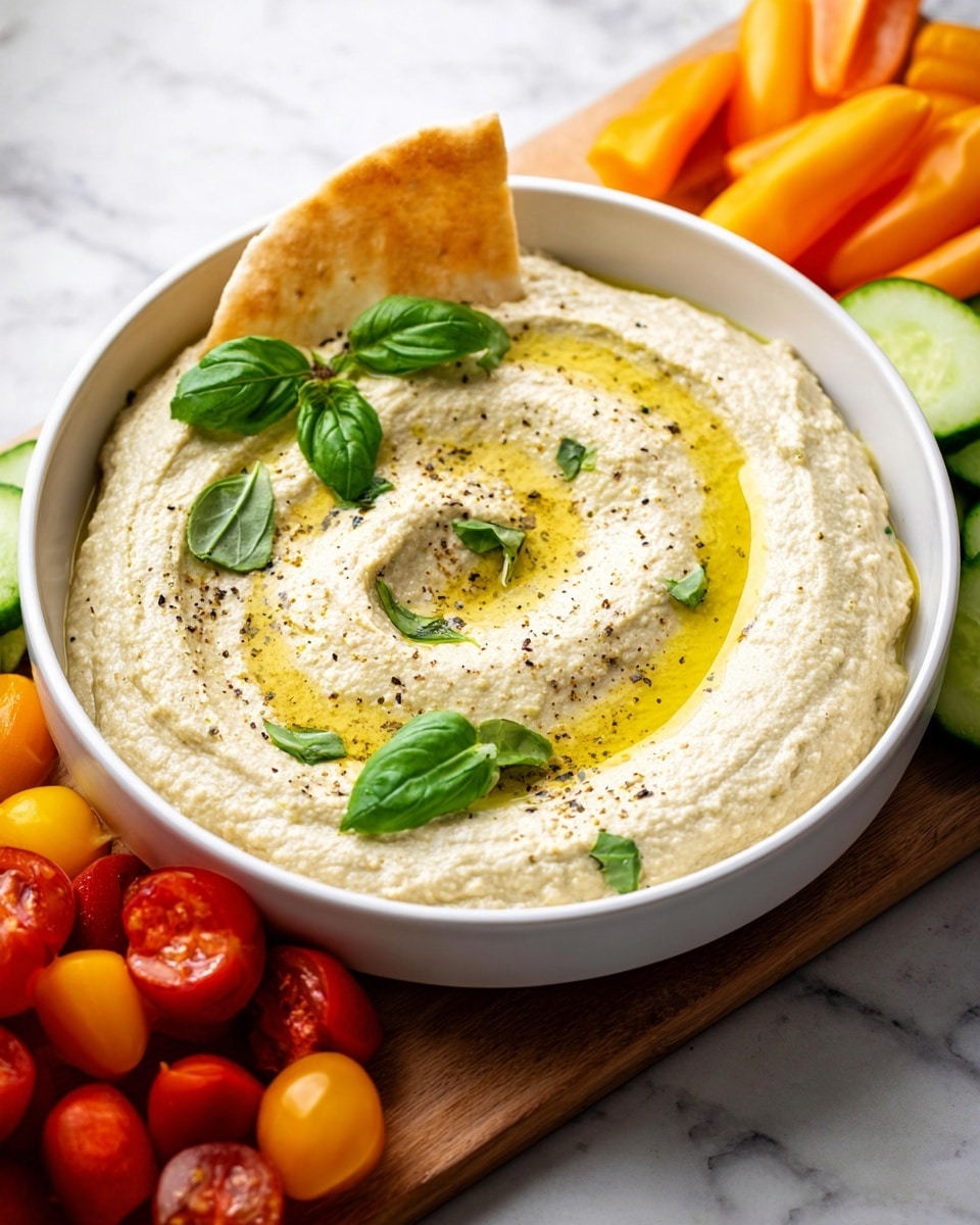 A white bowl filled with creamy, pale beige hummus spread smoothly in two thick, round layers with soft swirls on top. The hummus is drizzled with golden olive oil and sprinkled with coarse black pepper. Fresh green basil leaves are scattered over the hummus, adding a bright pop of color. A single golden-brown pita chip is placed leaning into the hummus on the left side. Surrounding the bowl are vibrant orange mini bell peppers, bright red cherry tomatoes, and sliced green cucumber, all sitting on a wooden board. The whole scene is set against a white marbled surface. photo taken with an iphone --ar 4:5 --v 7