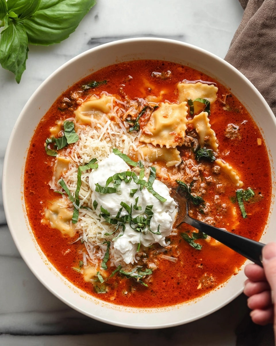 A white bowl holds a rich red tomato soup filled with ravioli pasta pieces, visible with their crinkled edges and soft texture, mixed with small bits of ground meat and chopped greens. On top, there are two main toppings: a pile of shredded white cheese clustered in the center-left and a dollop of creamy white ricotta cheese sprinkled with finely chopped green basil. Fresh basil leaves are scattered on the soup surface, adding vibrant green color. A woman's hand is holding a black spoon dipping into the soup from the right side. The bowl is placed on a white marbled surface, with a green basil leaf partially visible in the top left corner. photo taken with an iphone --ar 4:5 --v 7