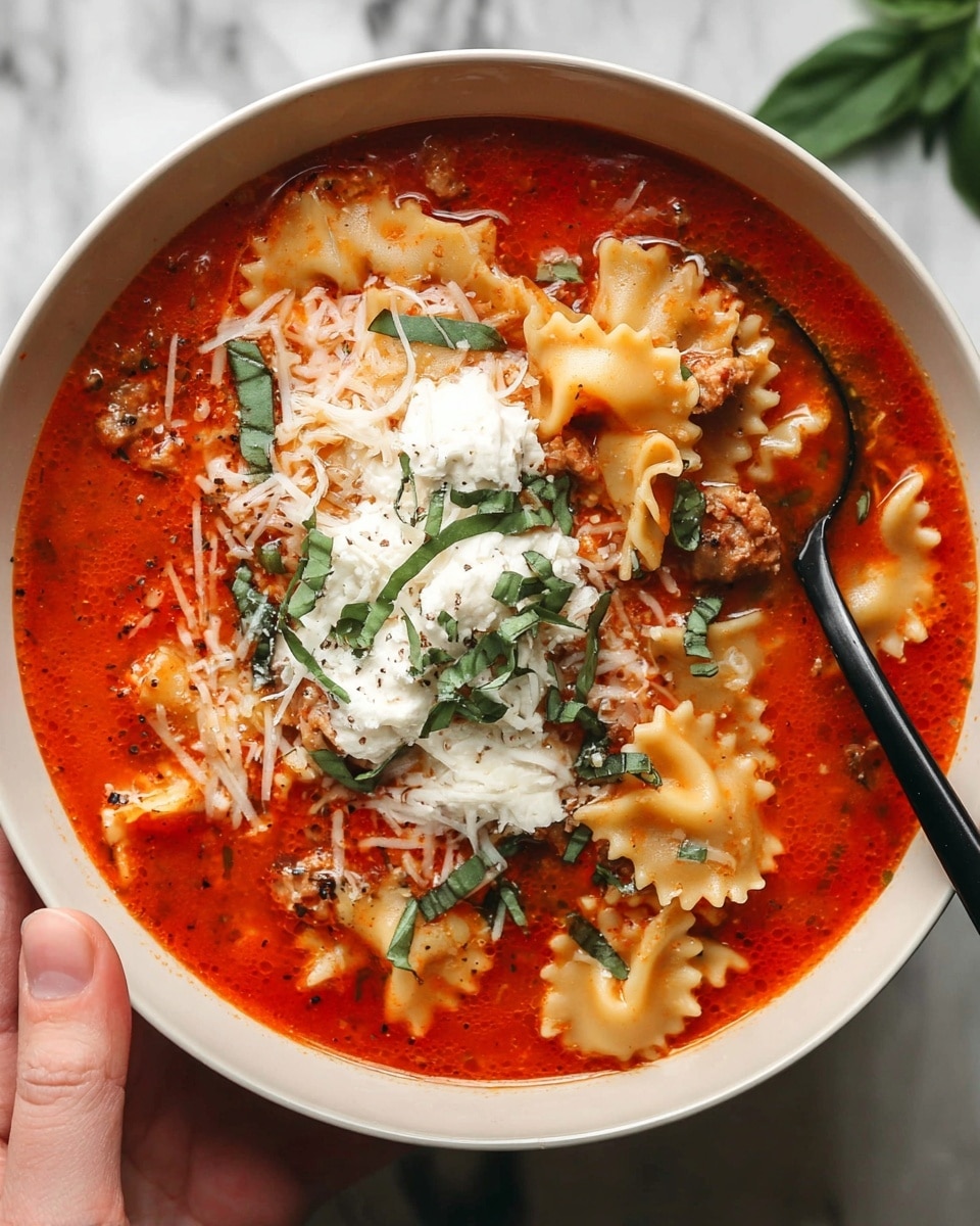 A white bowl filled with bright red tomato soup with visible pasta pieces that have wavy edges, scattered green herbs, and small meat chunks in the soup. On top, there are two piles of white cheese - one shredded and the other creamy and crumbled, both sprinkled with chopped green basil leaves. A black spoon is partially dipped in the soup near the pasta. At the edge of the bowl, a woman's hand is holding it gently. The background is a white marbled surface. photo taken with an iphone --ar 4:5 --v 7