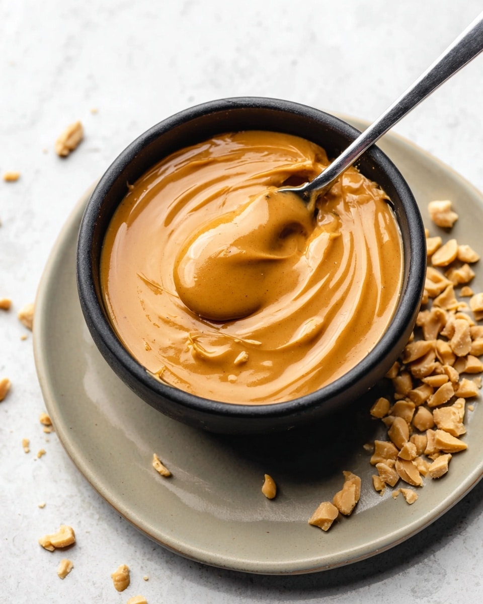 A small black bowl filled with smooth, creamy peanut butter that is light brown and glossy, swirled with gentle waves on the surface. A silver spoon rests inside the bowl, partially lifting a dollop of peanut butter. The bowl is placed on a white plate, with light brown chopped peanuts scattered on the plate’s right side. The scene is set on a white marbled texture. photo taken with an iphone --ar 4:5 --v 7