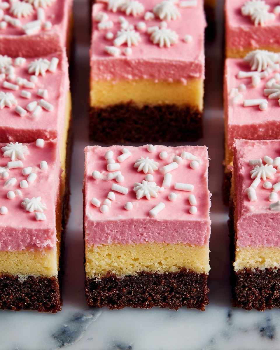 The image shows square-shaped layered dessert pieces arranged closely on a surface with a white marbled texture. Each piece has three layers: the bottom layer is dark brown and crumbly, the middle layer is light yellow and soft, and the top layer is smooth pink frosting decorated with white sprinkle shapes including small rods, dots, and some snowflake-like designs. The dessert pieces are cut neatly and share a clean, sharp edge. photo taken with an iphone --ar 4:5 --v 7