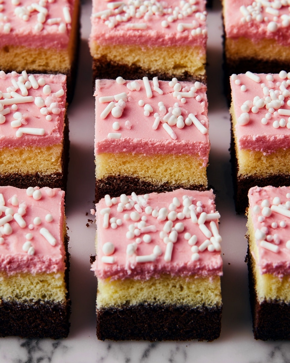 The image shows square pieces of layered cake arranged neatly on a white marbled surface. Each piece has three layers: the bottom layer is dark brown and moist chocolate cake, the middle is a light yellow sponge cake with a soft texture, and the top layer is a smooth, pink frosting decorated with white sprinkles of different shapes including small balls and elongated sticks. The layers are even, and the pieces are cut with clean edges, showing the clear contrast between the colors. Photo taken with an iphone --ar 4:5 --v 7