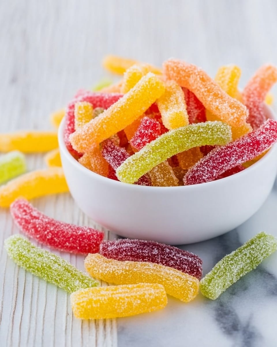 A white bowl filled with colorful sugar-coated gummy sticks sits on a white marbled surface. The gummies are in bright colors of yellow, orange, red, and green with a rough sugar texture covering each piece. Some candy pieces spill out around the bowl, showing a mix of colors and sugar crystals catching the light. The background is softly blurred with a light wood pattern that contrasts gently with the white marbled surface. photo taken with an iphone --ar 4:5 --v 7