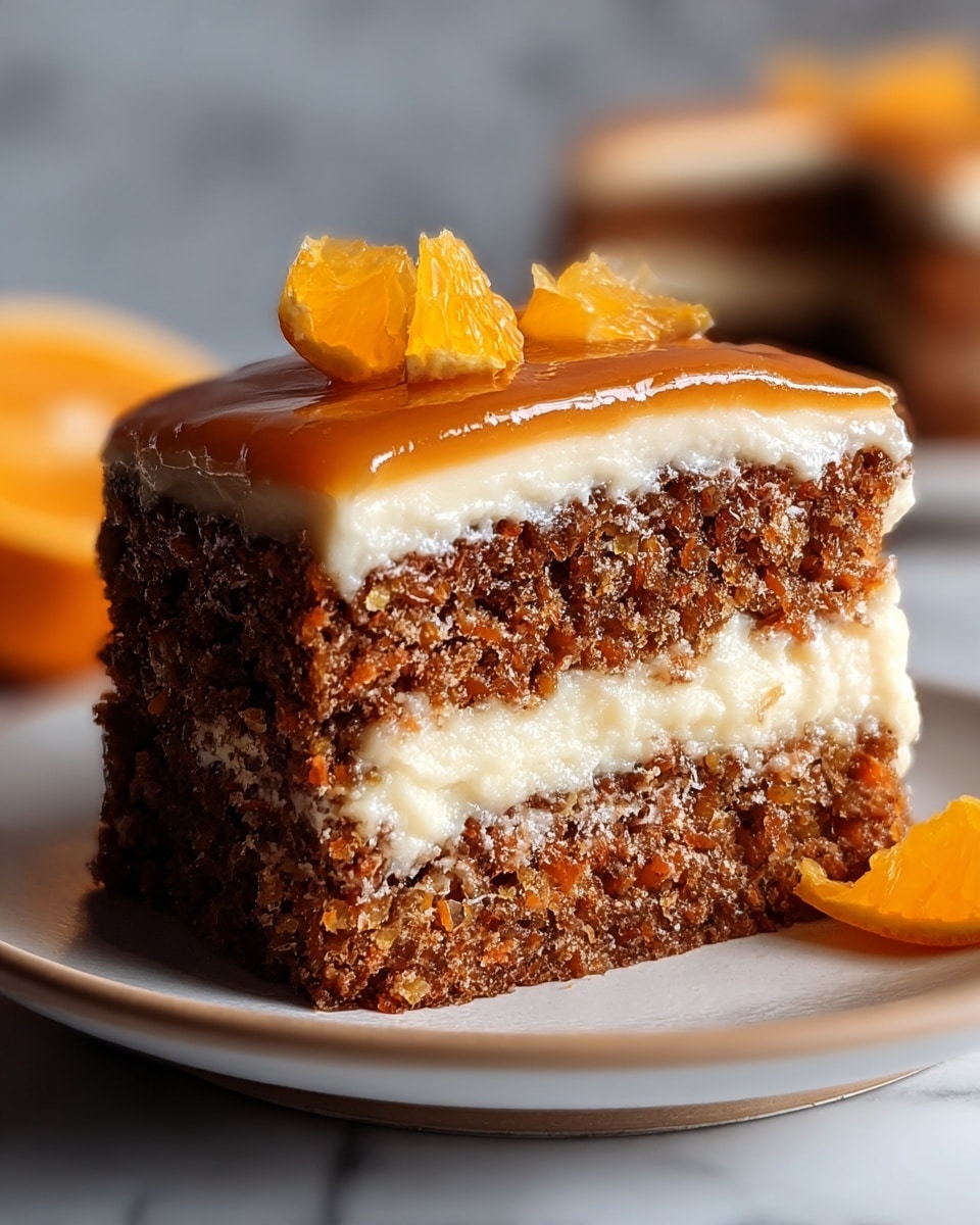 A single square piece of layered carrot cake sits on a white plate, placed on a white marbled surface. The cake has two thick, moist layers of brown carrot cake with visible shredded carrot and textures inside. Between these layers is a thick, creamy white frosting that looks smooth and rich. The top layer is covered with a shiny, caramel-colored glaze that reflects light. On top of the cake, there are two small slices of bright orange, adding a fresh and colorful touch. Another slice of orange is placed on the plate next to the cake. photo taken with an iphone --ar 4:5 --v 7
