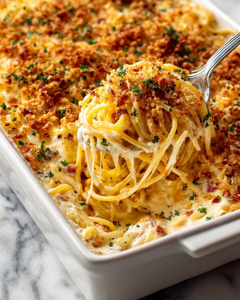 A close-up shot of a white rectangular baking dish filled with creamy baked spaghetti, showing at least three layers: a bottom layer of cooked yellow spaghetti, a middle layer of creamy white sauce with small bits of red, and a top layer of golden yellow shredded cheese covered by a crunchy, light golden breadcrumb topping sprinkled with small green herb pieces. A silver spoon is scooping out a portion from the corner, revealing the creamy cheese strings and noodles underneath. The dish is set on a white marbled surface. Photo taken with an iphone --ar 4:5 --v 7