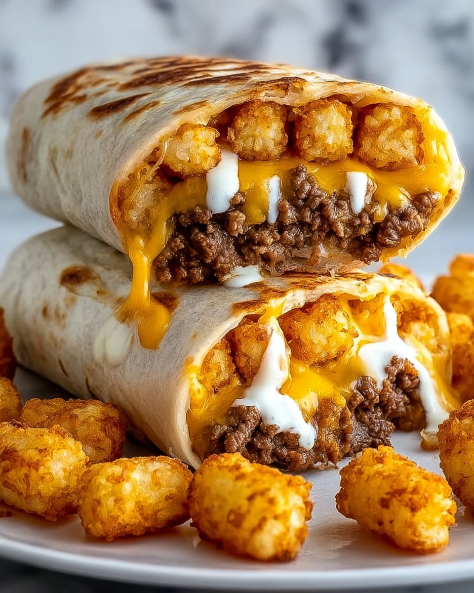 Two halves of a burrito stacked on top of each other on a white marbled surface, filled in layers with browned ground beef at the bottom, melted white and yellow cheese in the middle, and golden crispy tater tots on top and inside. The burrito wrap is light beige with toasted brown spots, tightly wrapped around the fillings, with some tater tots scattered around it. The texture of the wrap is soft and slightly toasted. photo taken with an iphone --ar 4:5 --v 7