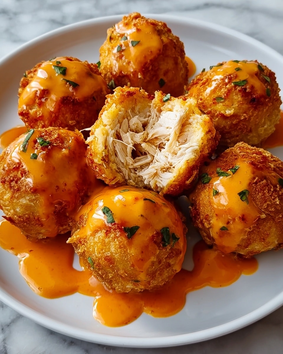 The image shows several round meatballs arranged on a white plate placed on a white marbled surface. Each meatball has a golden-brown, slightly crispy outer layer and is topped with a smooth orange sauce that drips down the sides. The meatballs are garnished with small pieces of fresh green herbs. One meatball at the front is cut open to reveal shredded, juicy white chicken inside, partially covered with the orange sauce. The overall arrangement looks inviting with a warm color palette. Photo taken with an iphone --ar 4:5 --v 7